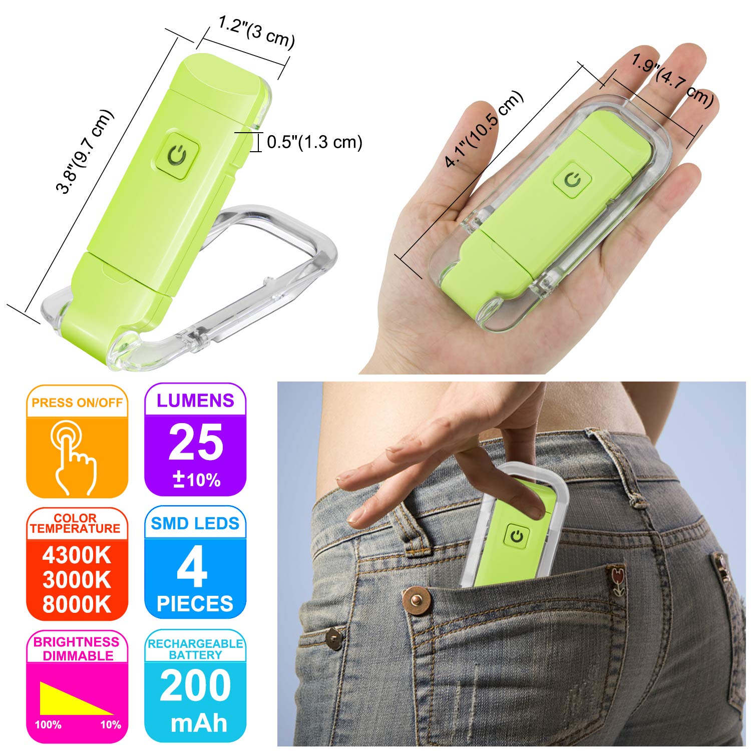 HONWELL Clip On LED Reading Light, 3 Brightness Levels, Portable, Green, Model H008YW-G