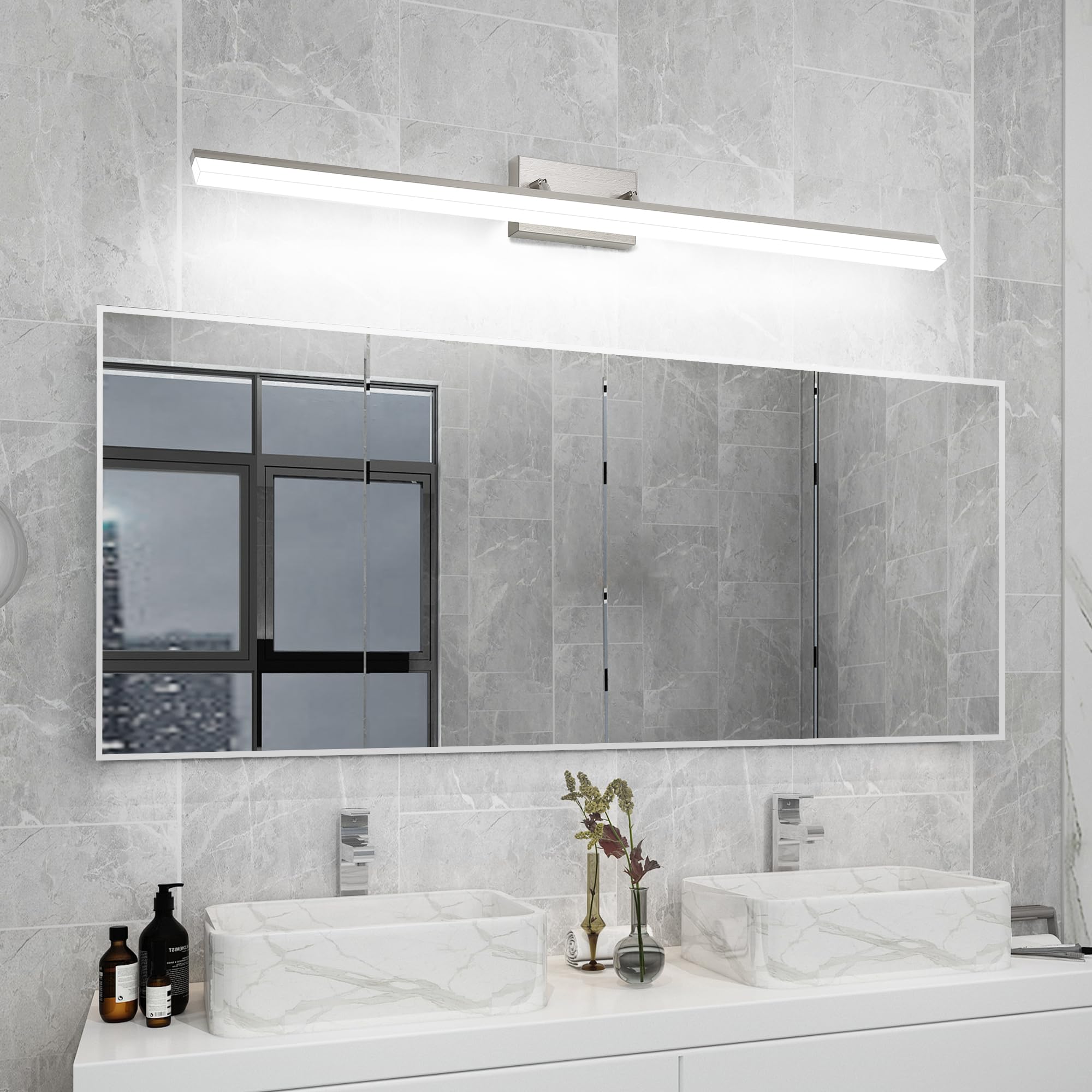 Humhold 48 Inch Bathroom Vanity Light, Led Modern Bathroom Light Fixtures Over Mirror, Dimmable 46W 5000K Cool White Makeup Vanity Lighting Fixture, Brushed Nickel Adjustable Vanity Light Bar