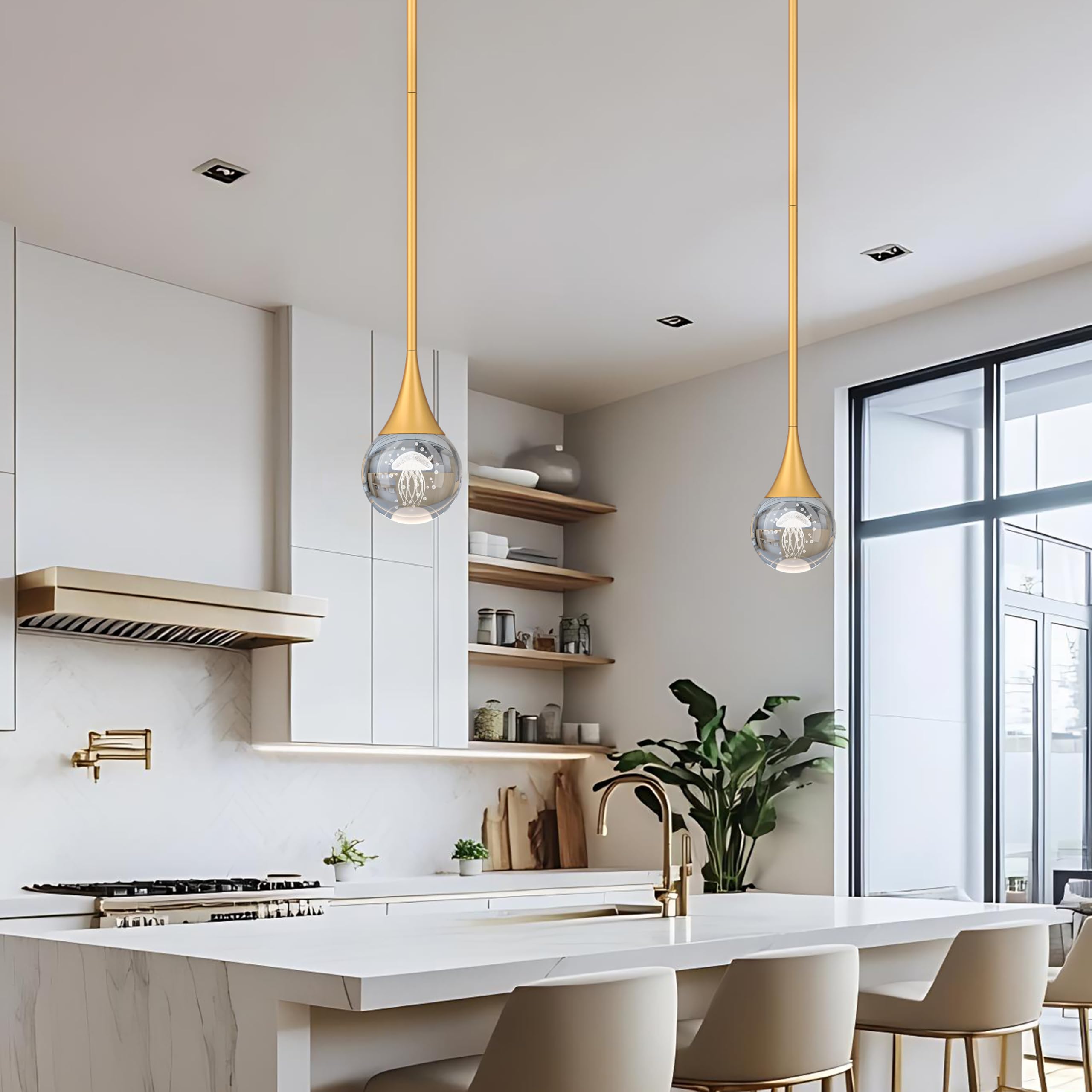 1-Pendant Lights Kitchen Island  Brass Gold Globe Crystal Ceiling Hanging Light Fxitures  Led Light Fixtures Metal Rod Ceiling Glass Pendant Lighting For Kitchen Island Dining Room Bar
