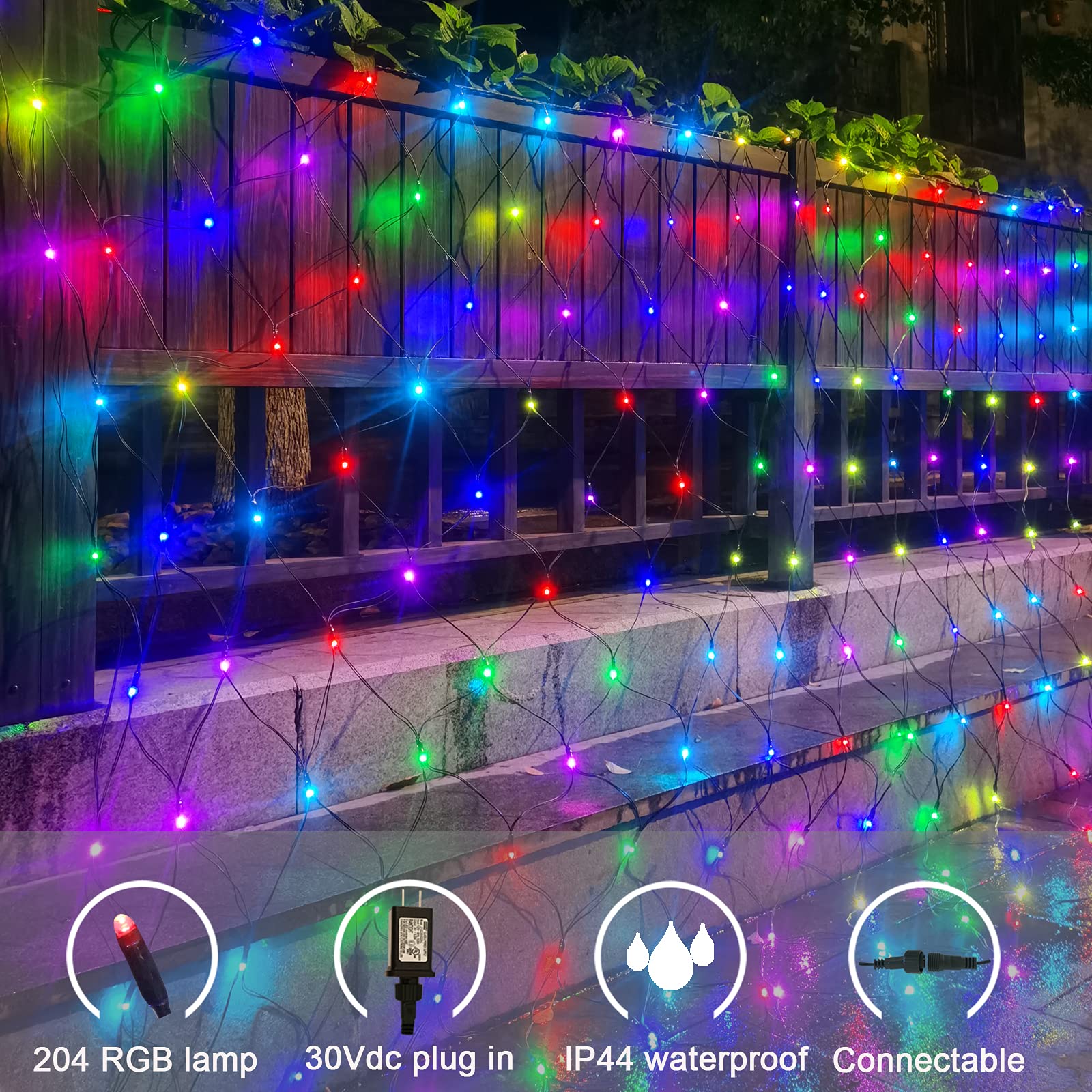 OYCBUZO LED Net Lights, Color Changing Waterproof Fairy Lights, 9.8ft x 6.6ft, Multicolor, Model LR-(1-1000) L-SL01