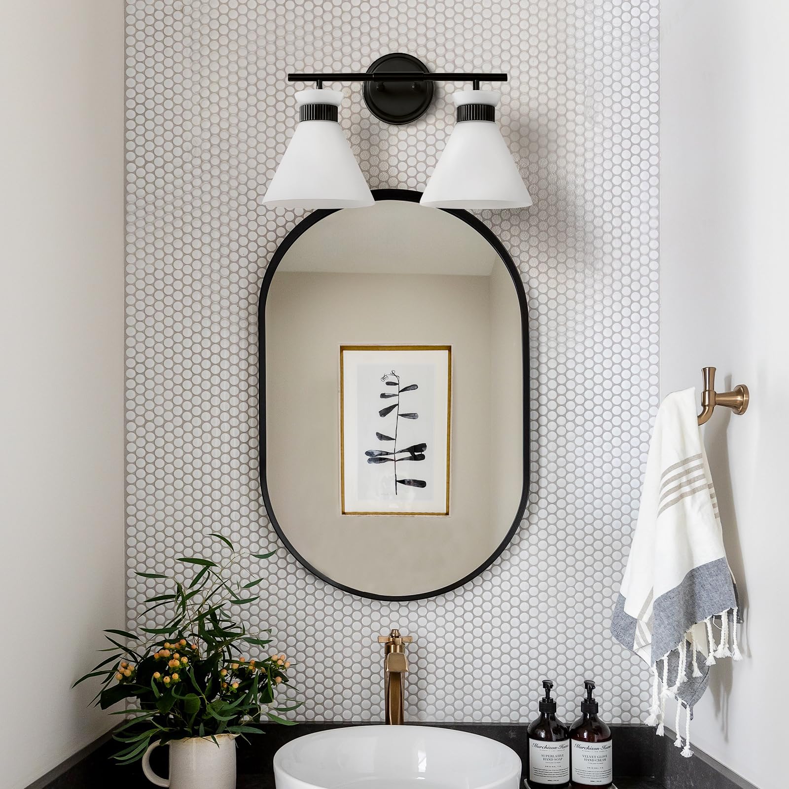 Black Bathroom Vanity Light Fixtures: Bathroom Lighting Fixtures Over Mirror 17.3 Inch With Milky White Frosted Glass, 2-Lights