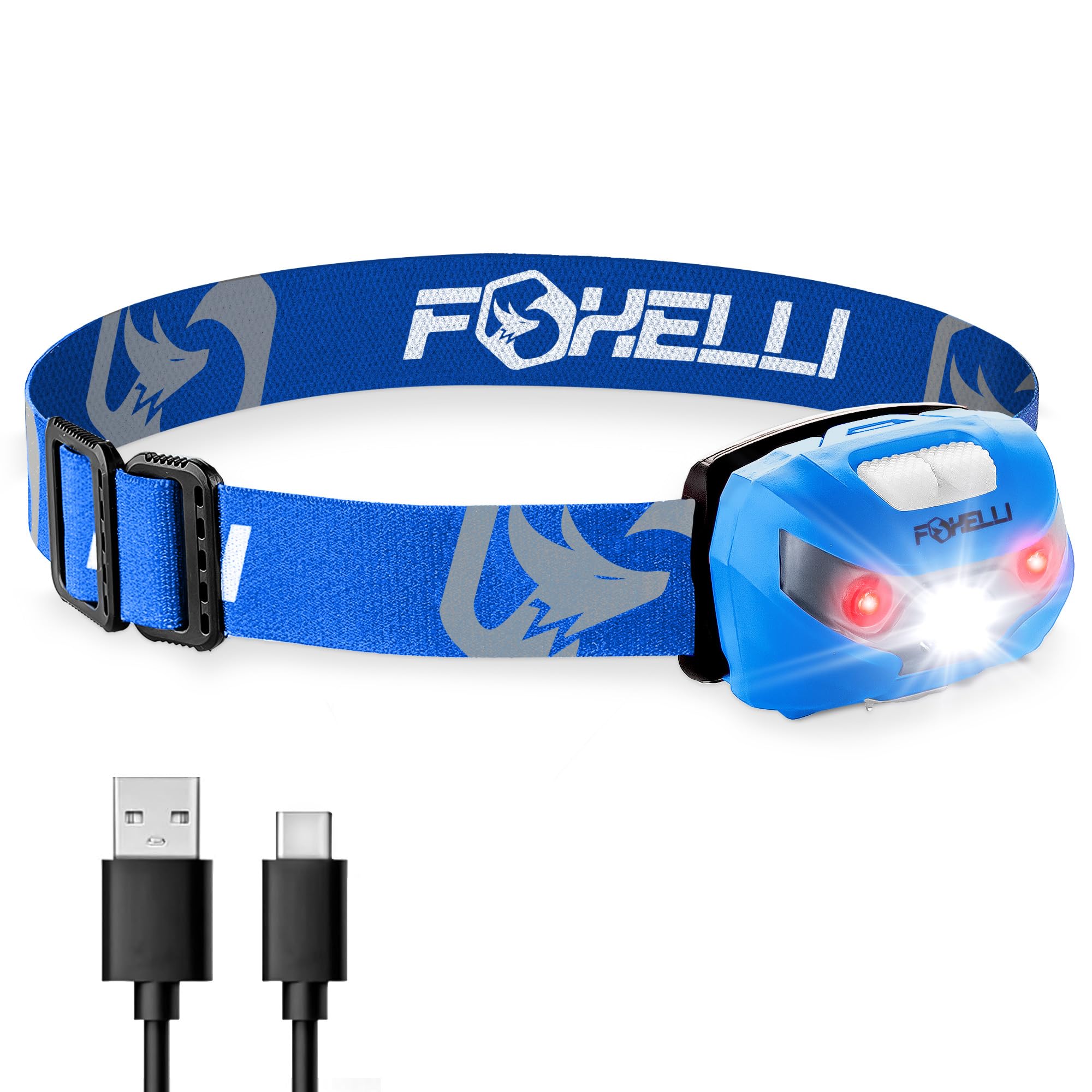 Foxelli Rechargeable Headlamp - Super Bright LED, Lightweight, Model MX10N, Blue Color, Ideal for Running, Camping, Hiking, and Work