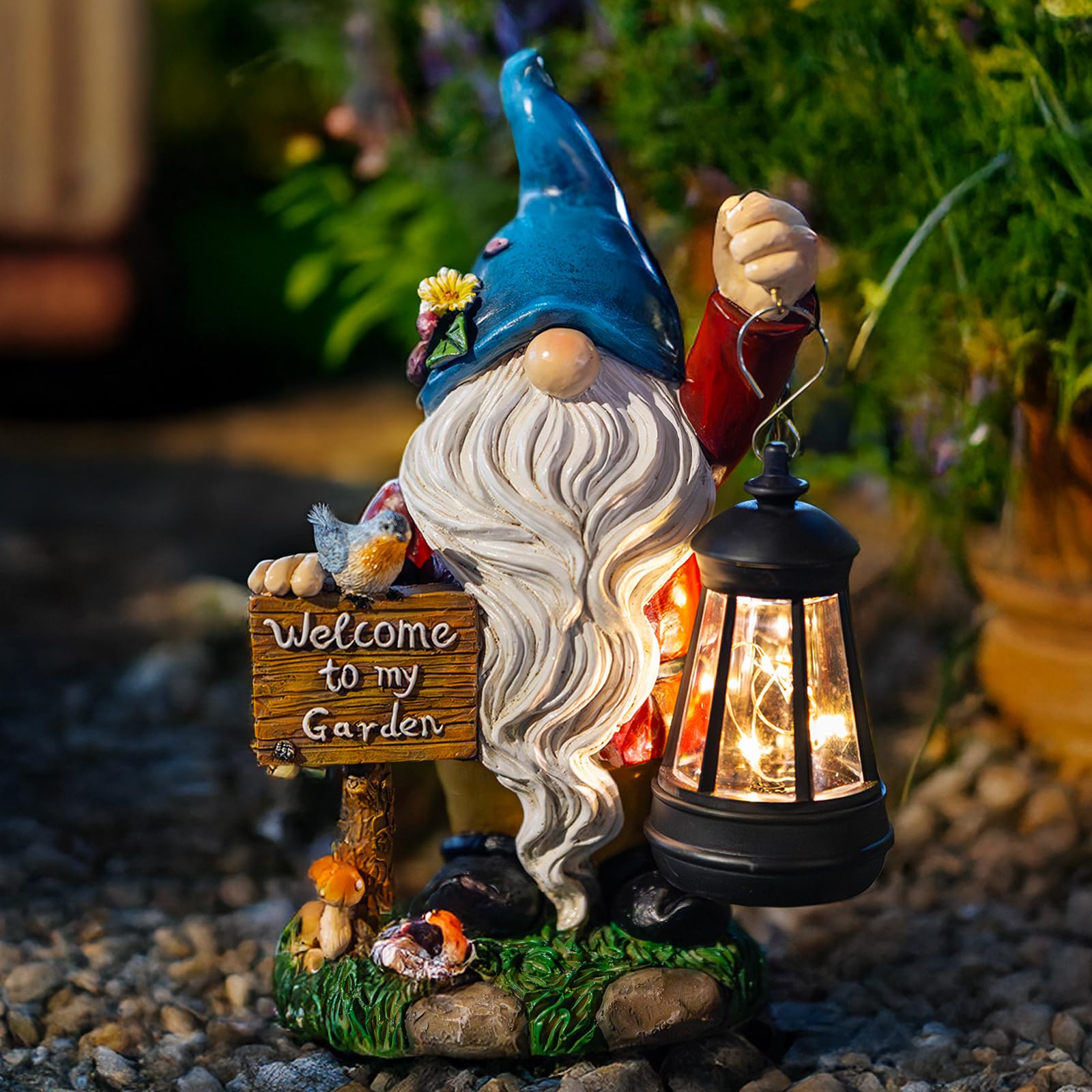 ZQQLITE Garden Gnome Statues Figurine Lights - Solar Powered Lighting Outdoor Decorations with Lantern & Welcome Sign, Yard Art 