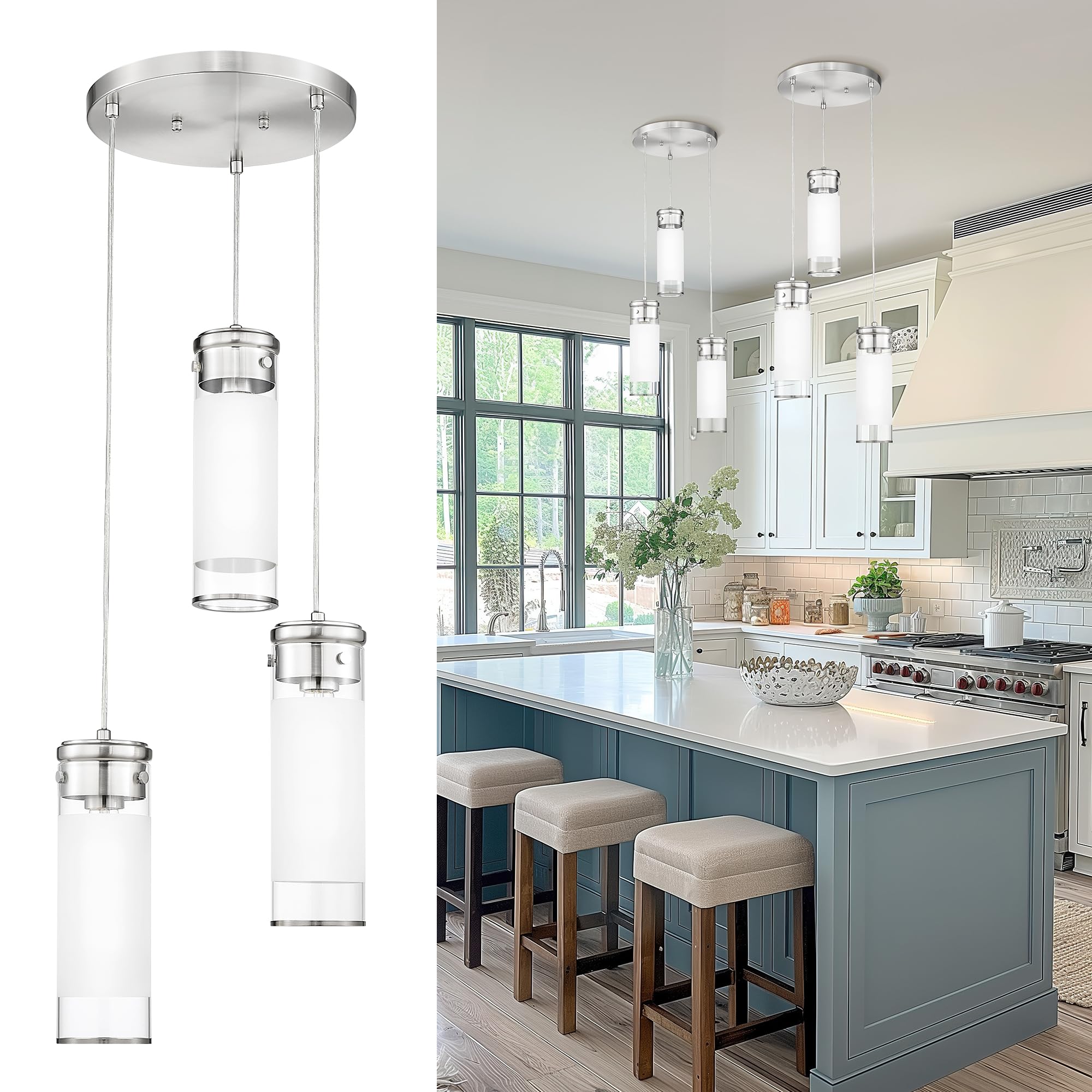 JAZAVA Clutster Pendant Light Fixture, Hanging Light with Brushed Nickel Finish, 3-Light Cylindrical Kitchen Island Lighting for