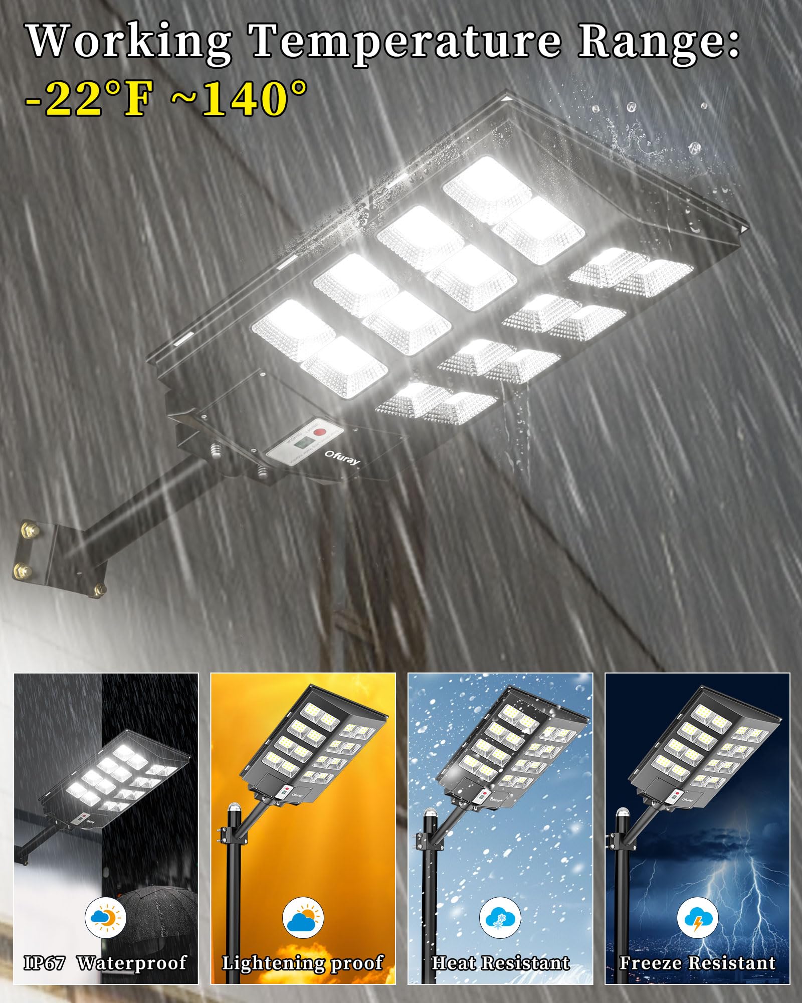 Ofuray Of-2600W Solar Street Lights - 268000LM Waterproof LED, Remote Control, Dusk to Dawn, Black, 1 Pack