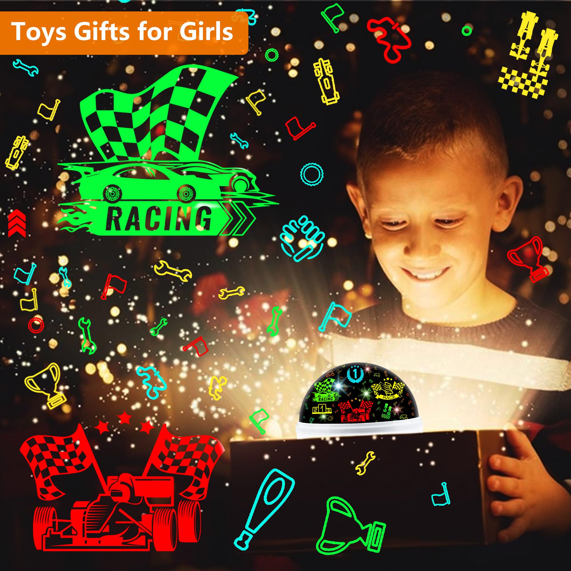 Mokoqi Race Car Night Light Projector Birthday Gifts Toys For Boys Age 3-5 Kids Car Nightlights 360 Degree Rotation With 17 Colors Changing Star Projector Ceiling Light Projector For Boys