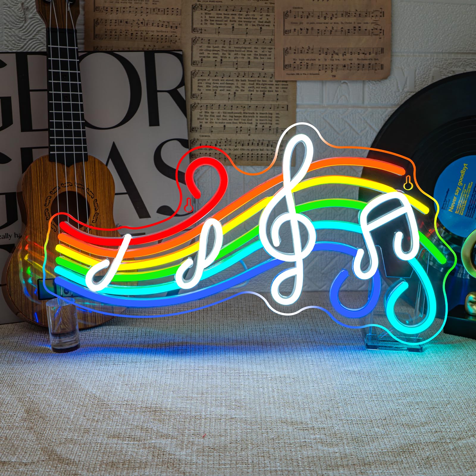 Music Neon Sign Rainbow Neon Signs For Wall Decor Music Notes Led Lights Colorful Light Up For Studio Bedroom Home Children Room Party Bar Man Cave Club Record Player Shop Decoration Gifts