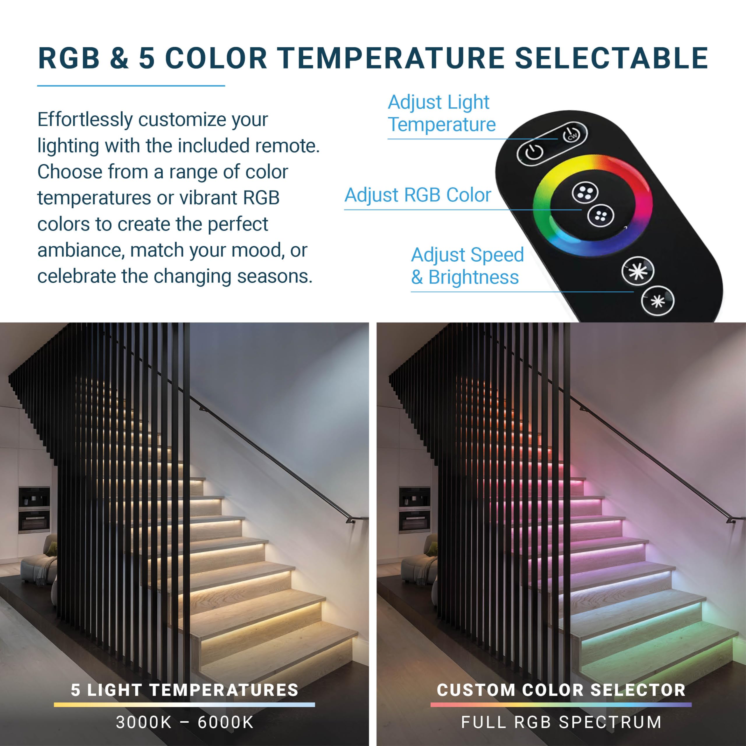 Parmida Intelligent Motion Sensor LED Stair Lighting Kit, 24" Aluminum, RGB & 5CCT, Dimmable, Remote Control, Model PLED-CSTLS-RGB-MCCT-