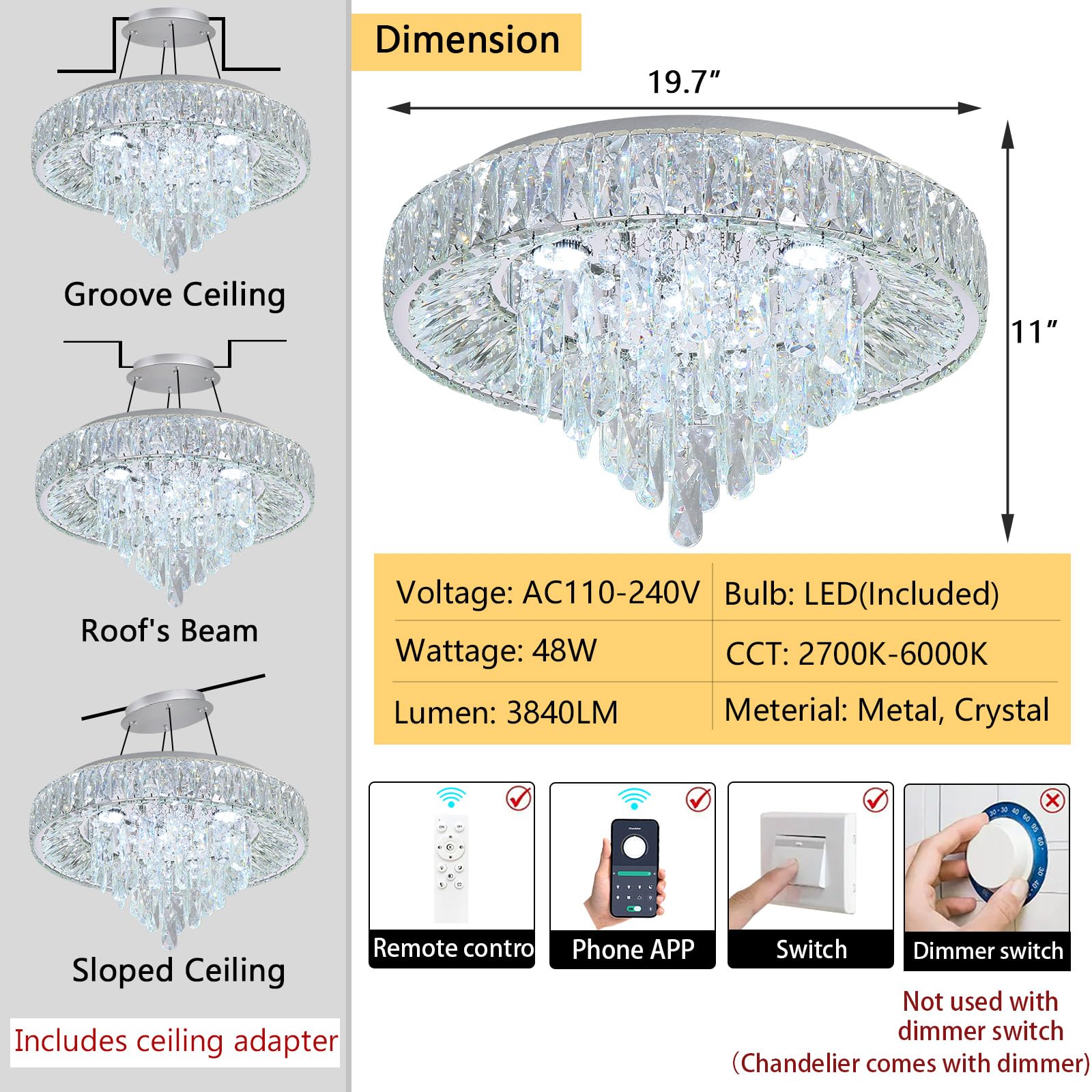 Dolria Modern Crystal Chandeliers For Dining Room Led Light Fixture Close To Ceiling Chandelier Flush Mount Ceiling Light Dimmab