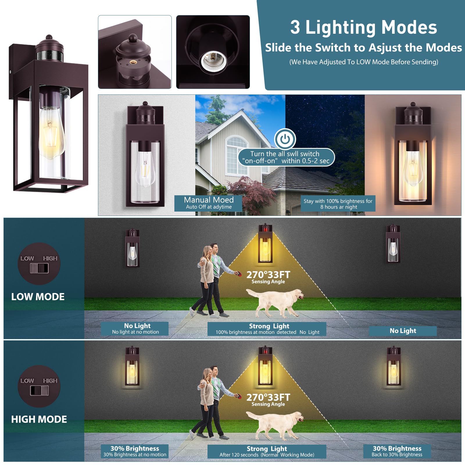 Motion Sensor Outdoor Wall Lanterns, Dusk To Dawn Sconce Exterior Light Fixture, 3 Lighting Modes Porch Lights, Waterproof Outsi