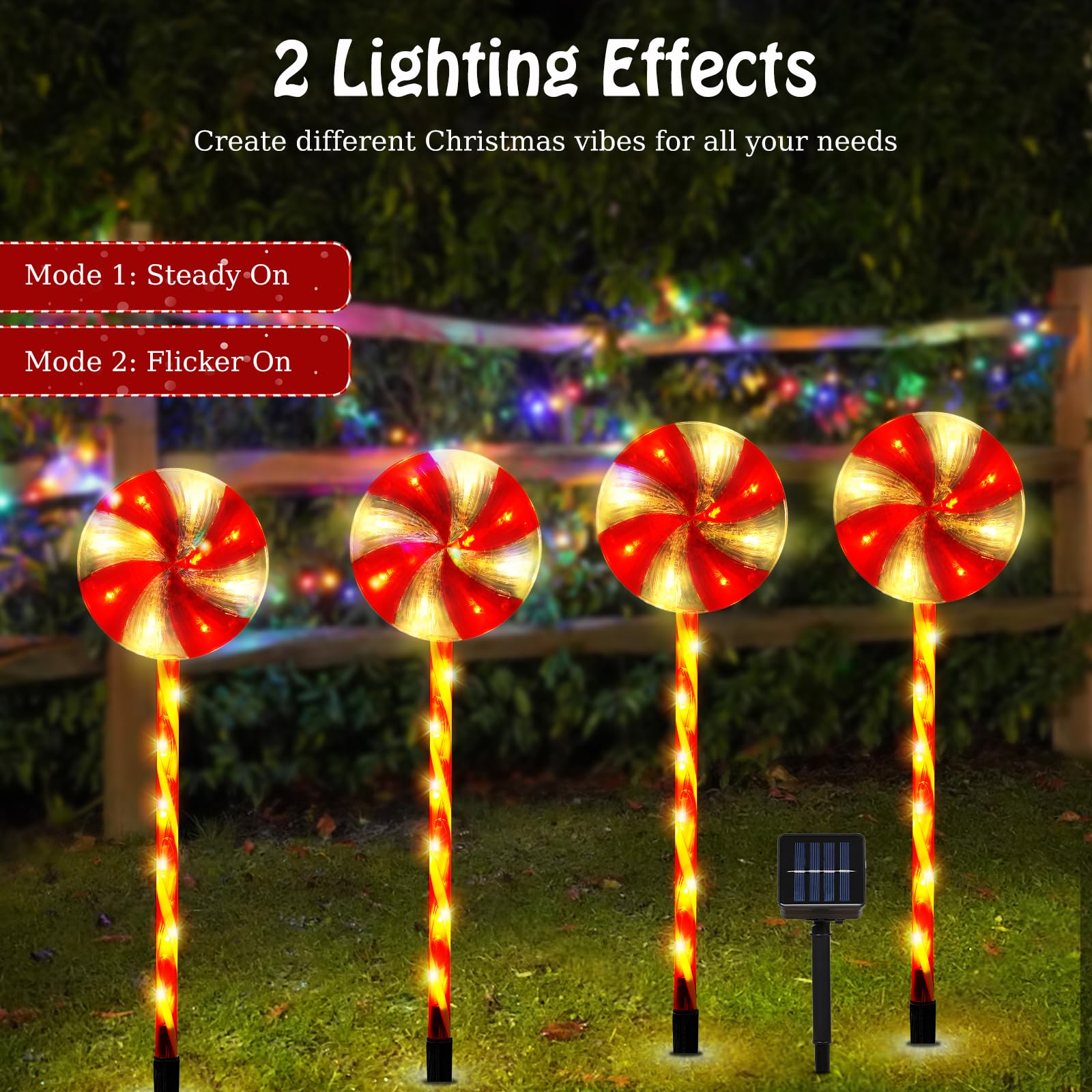 Lewondr 4 Pack Lollipop Christmas Decorations Outdoor,Solar Lighted Candy With Garden Stakes,Waterproof Garden Lawn Pathway With