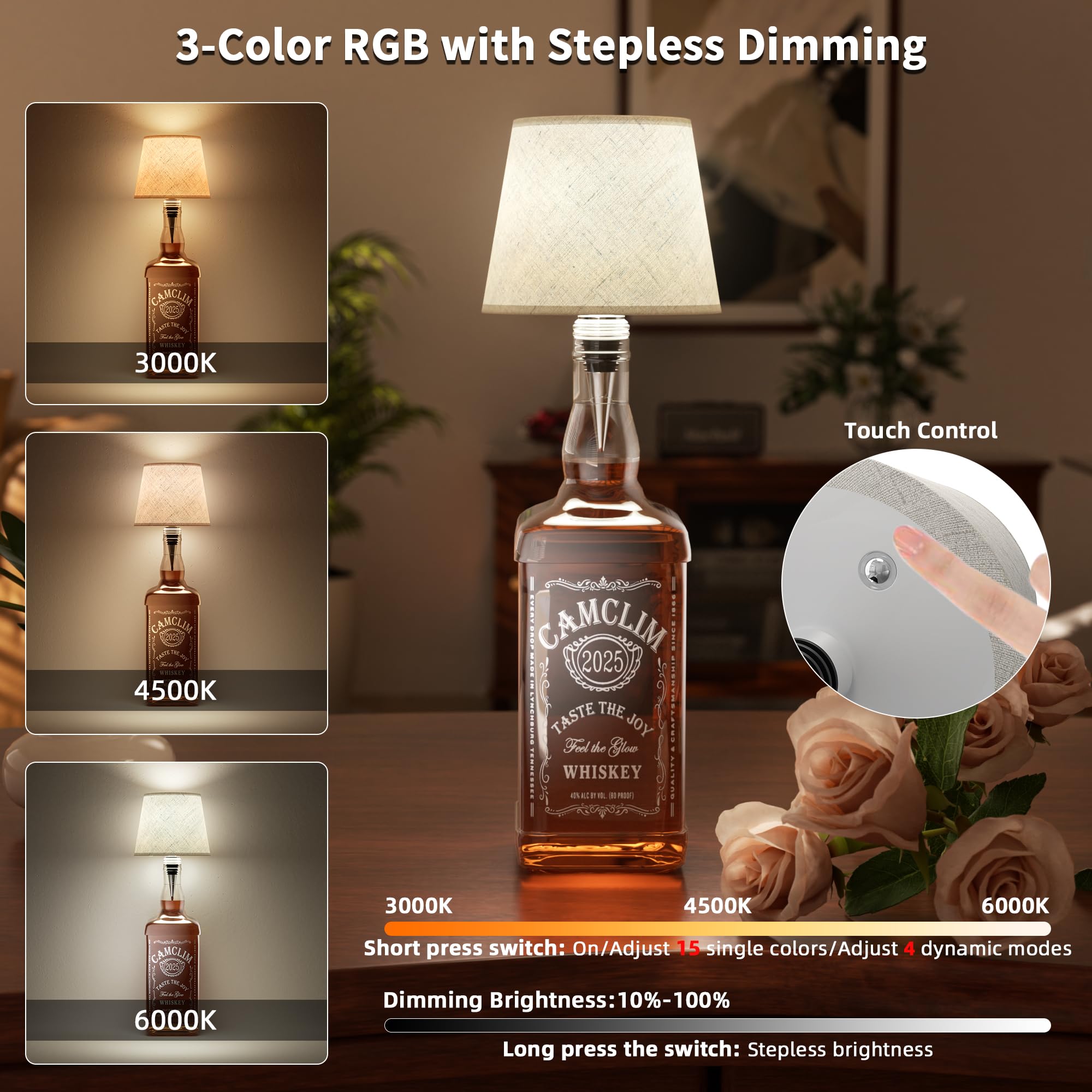 Wireless Wine Bottle Lamp Shade: Liquor Bottle Stopper Light With Remote Control Dimmable Cordless Portable Rechargeable Led Battery Operated spirit-inspired flavor Bottle Lampshade For Bedside Bar Bedroom Decor