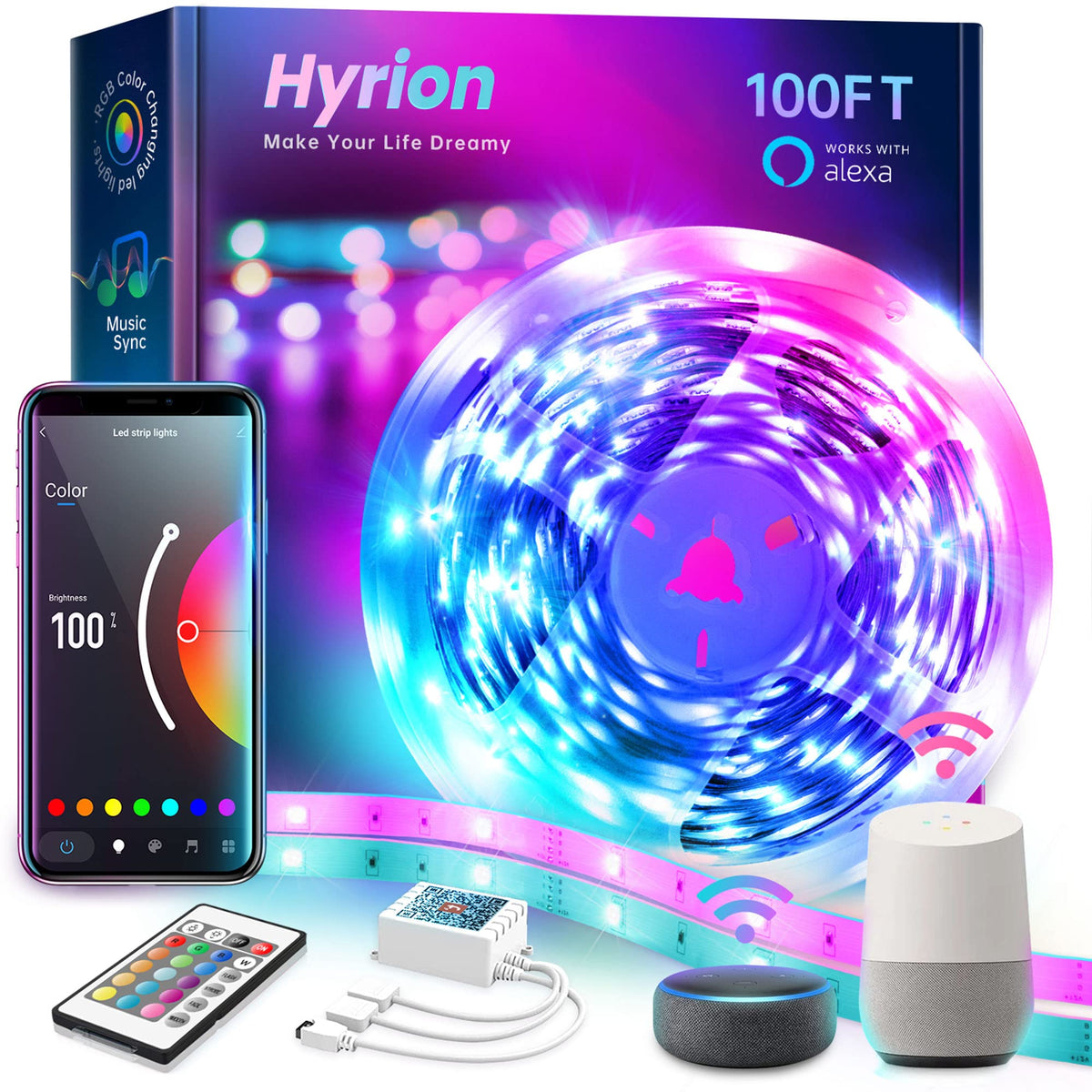 Hyrion 100Ft Smart Led Strip Lights For Bedroom, Sound Activated Color Changing With Alexa And Google, Music Sync Rgb Led Lights