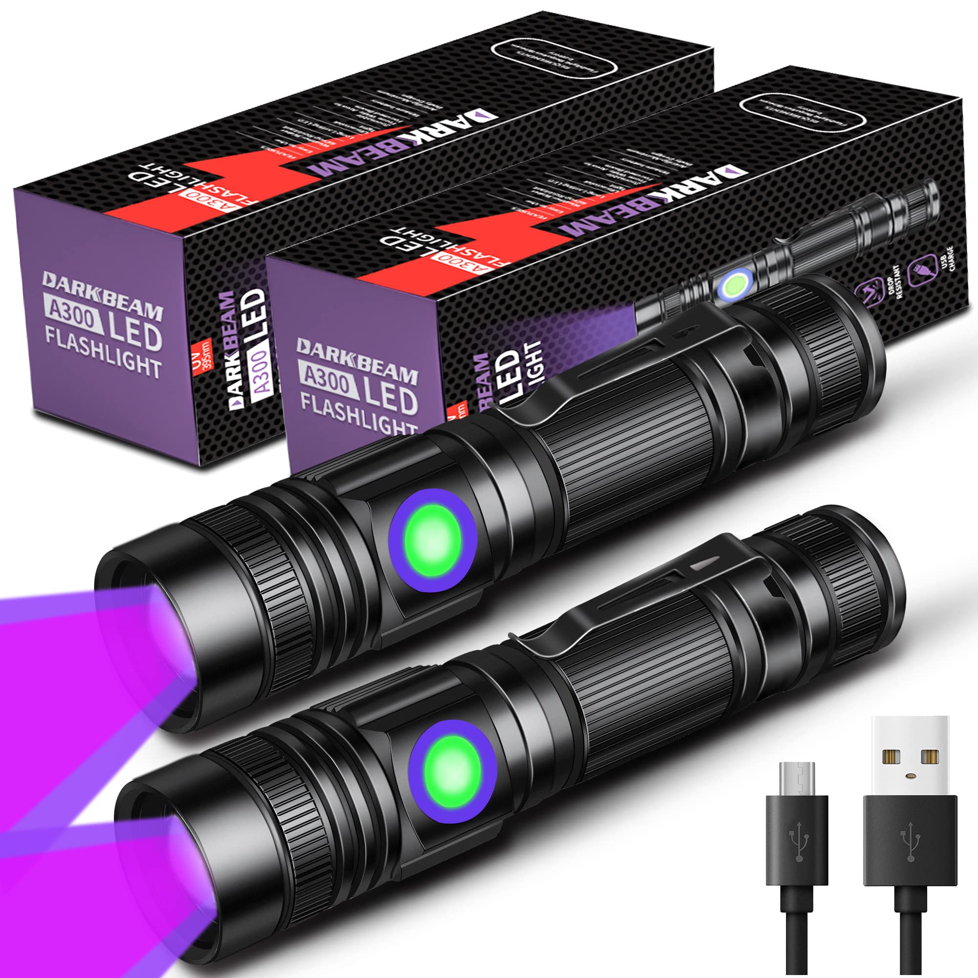 DARKBEAM UV Flashlight 395nm Rechargeable LED Portable - 2 Pack, A300 Model, Aluminum, Blacklight for Detecting Pet Urine
