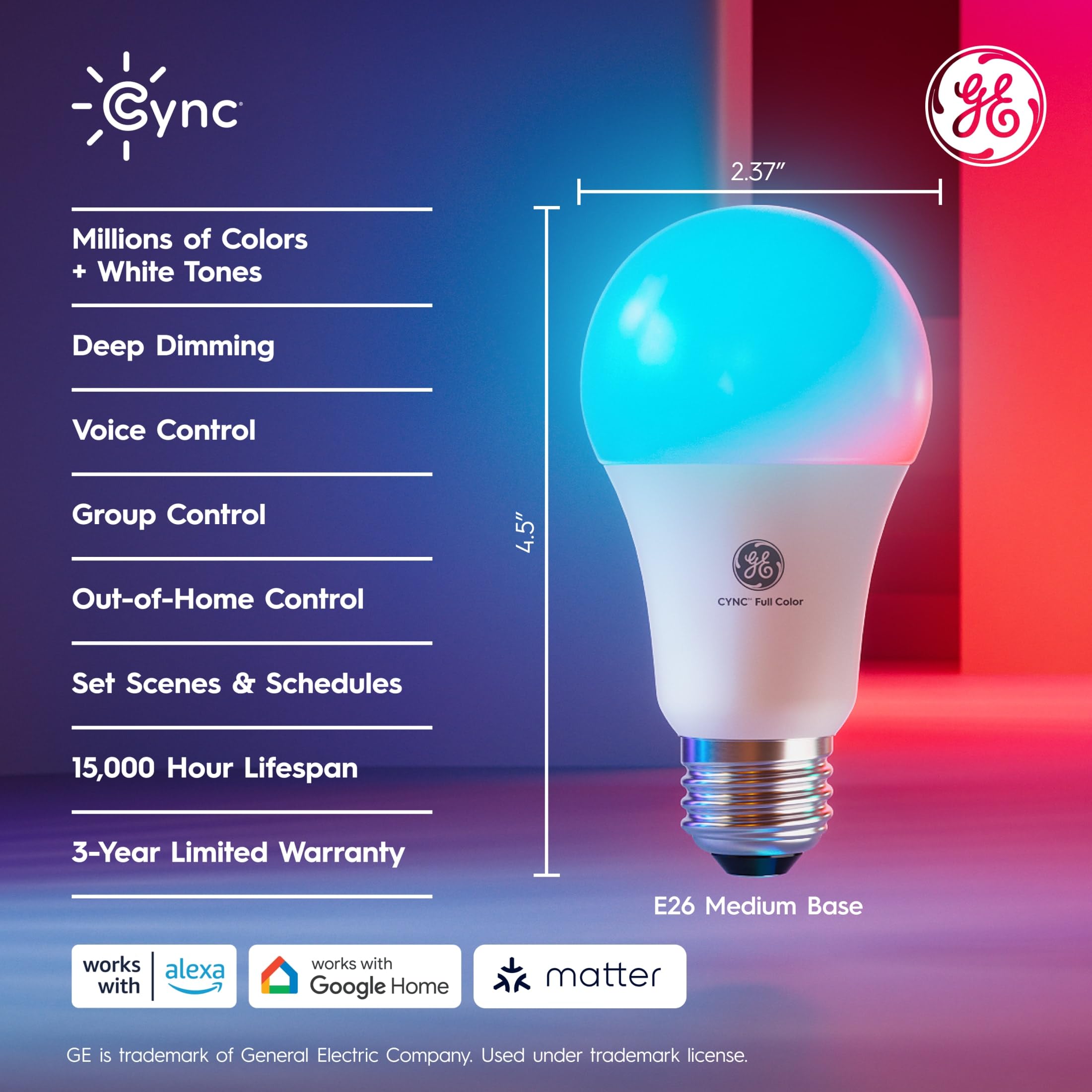 Cync A19 LED Smart Light Bulbs, Bluetooth & WiFi, Full Color, 2 Pack, Plastic, Model CLEDA199CD1MS