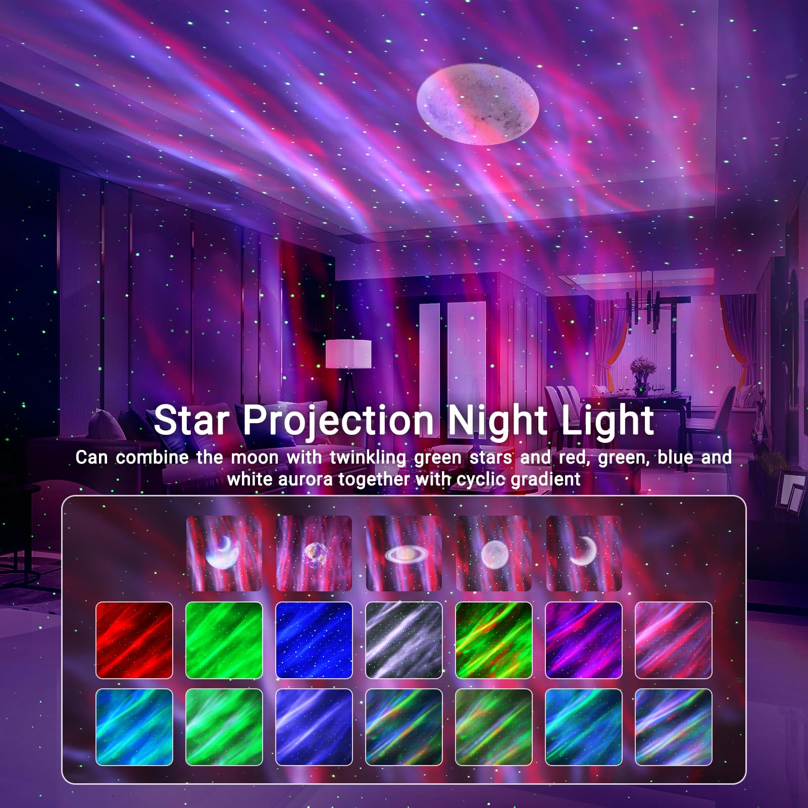 HERHOTER Star Projector with Bluetooth Speaker, Remote Control, White Noise, 5.3in, White, Model BL-XK09-05, for Game Room & Bedroom
