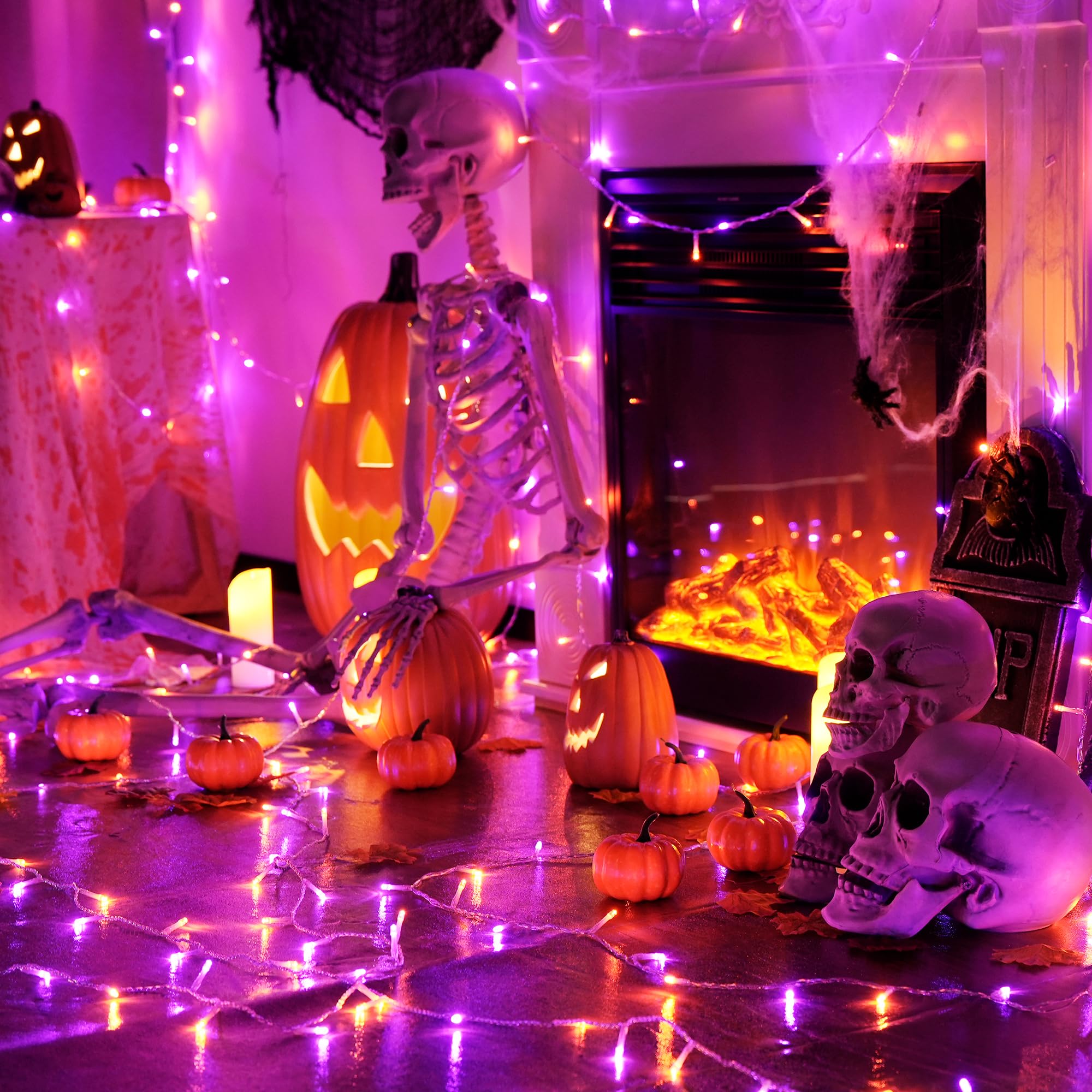 Jmexsuss 33Ft 100 Led Halloween String Lights, Orange & Purple, Waterproof, 8 Modes, Clear Wire, Model Exs-S-0100