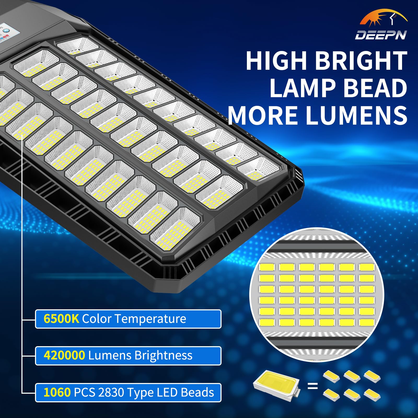 Deepn 6000W Solar Street Lights Outdoor, Waterproof Dusk to Dawn Lighting, 6500K Black Solar Powered for Parking Lots and Yards