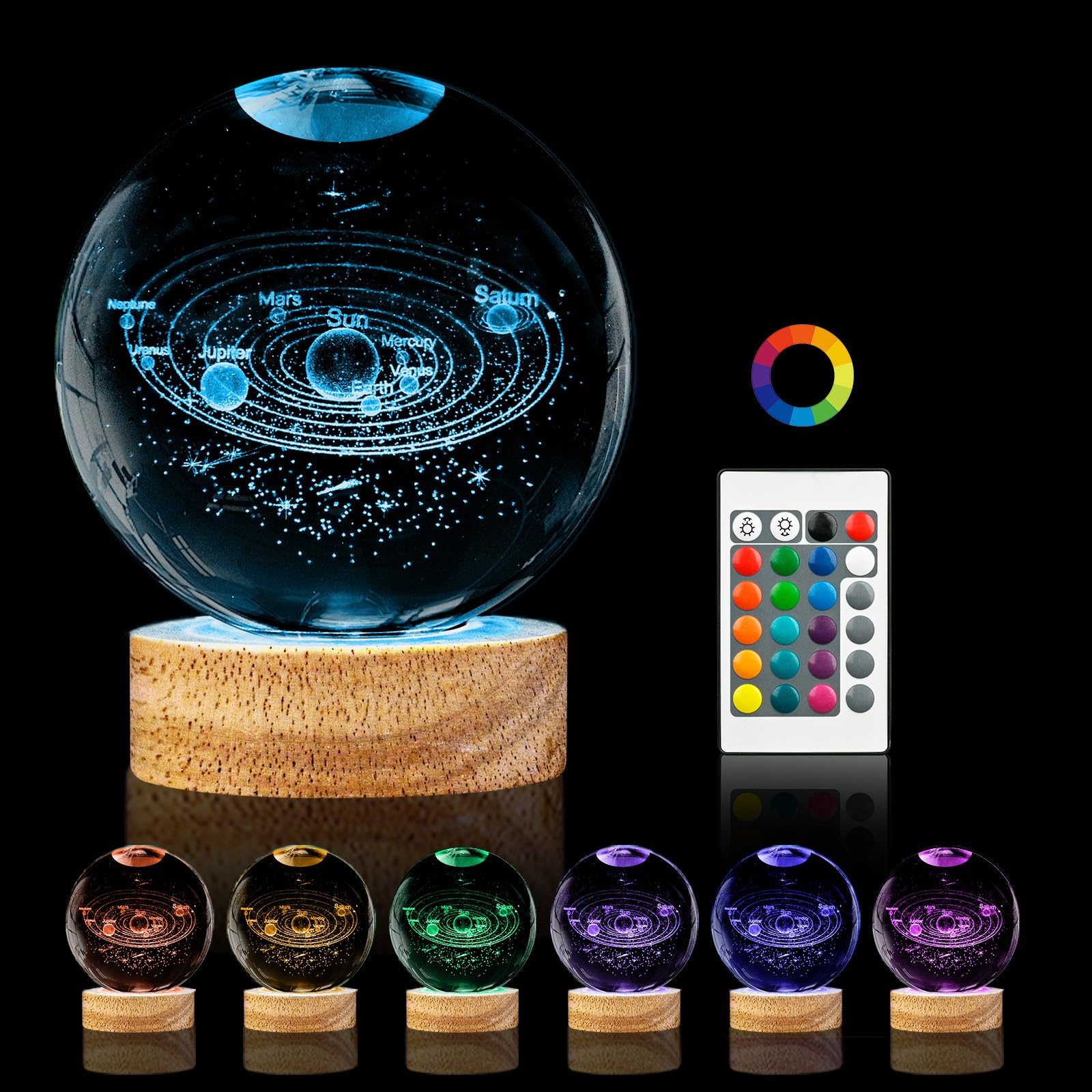 PYMIN3D 3D Solar System Crystal Ball Night Light,3.15in k9 Crystal Ball Lamp with 16 Colors Change,Wooden Base and Remote Contro