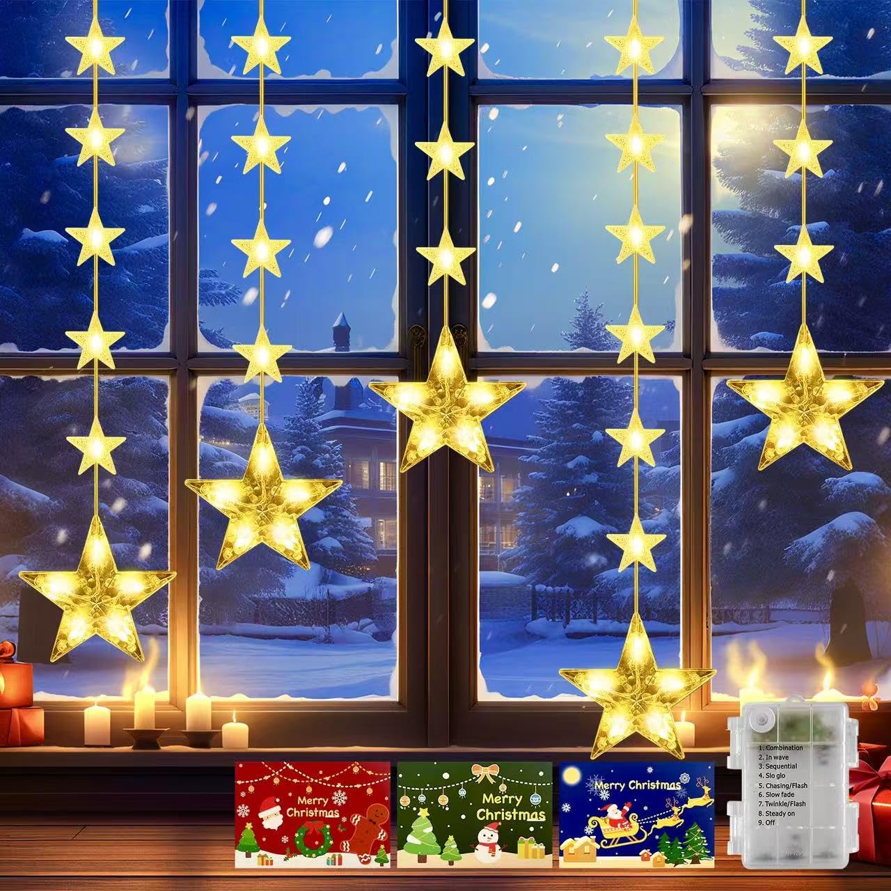 GLOONITY 26 Stars Christmas Window Lights Battery Operated, IP65 Waterproof 46Leds Star Curtain Lights with Timer 8 Mode, Warm W