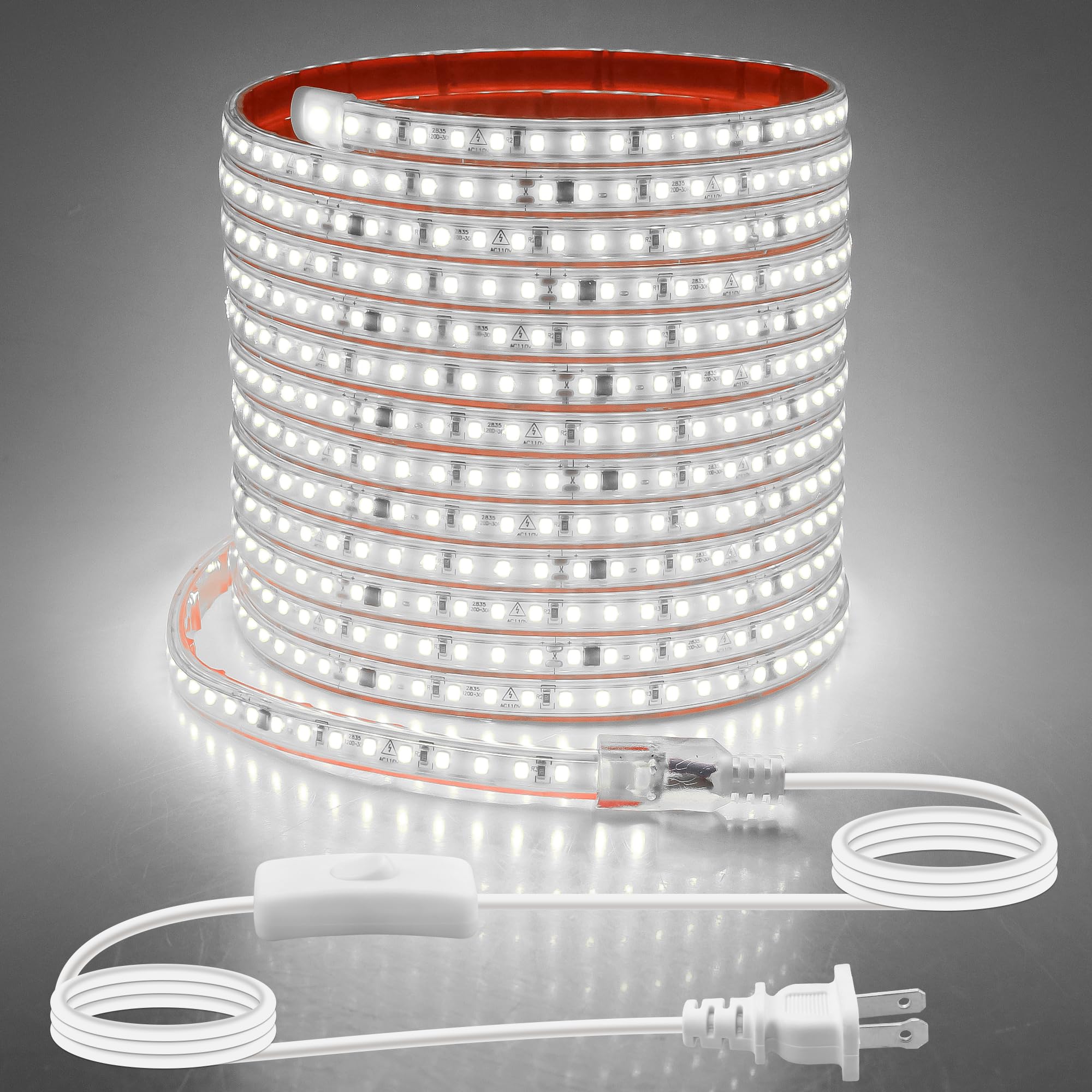 Aclorol 120V LED Band Lghts 20FT Cold White 6000K Super Bright Rope Lights for Outside IP67 Waterproof LED Light Band with Slef-Adhesive for Kitchen Cabinets Living Room Deck Yard Garage 720LEDs