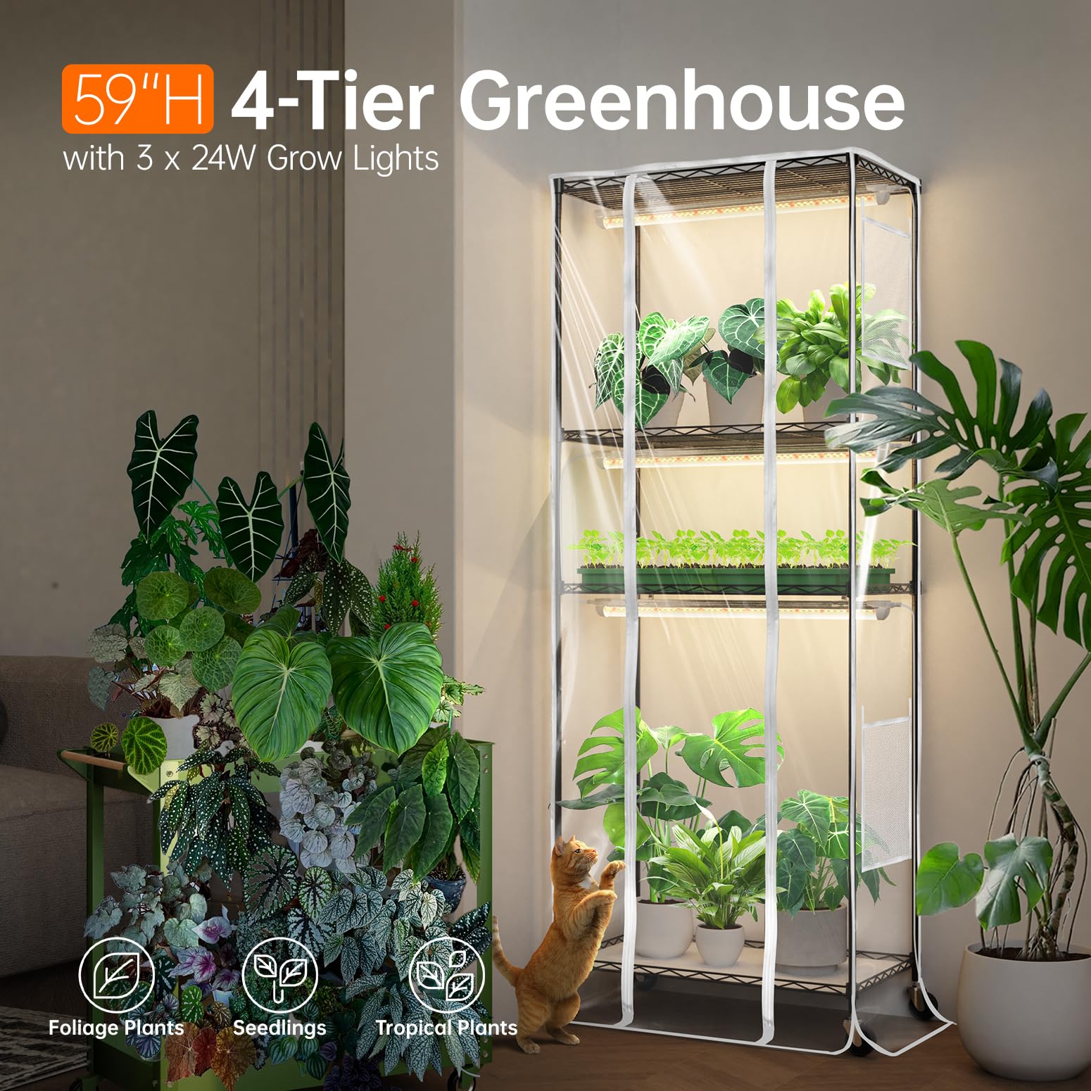 Bstrip Indoor Greenhouse with Grow Light, Metal Plant Stand, 3 Pack T8 2FT Full Spectrum Plant Lights, Timer, Black, 23.5x13.8x5