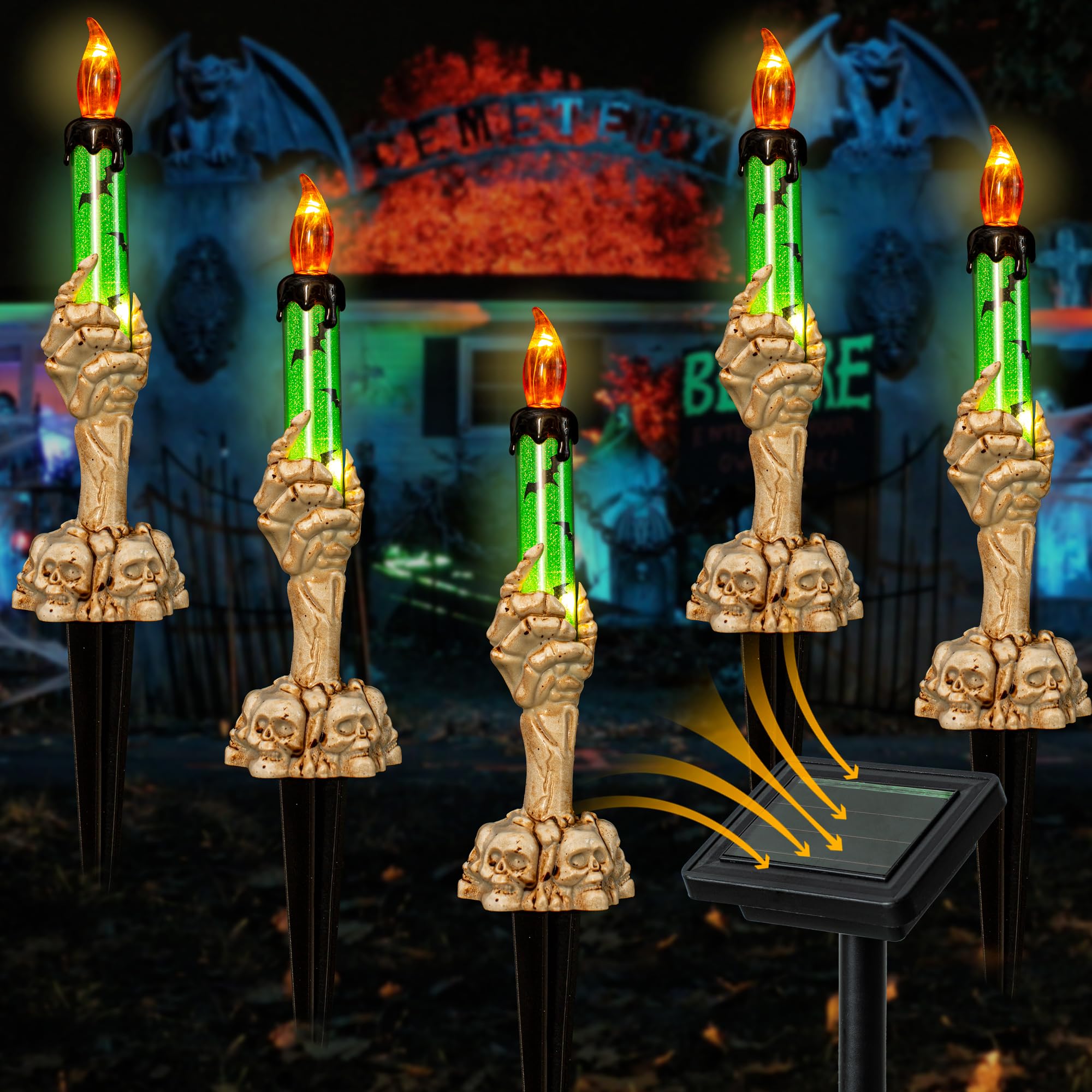 Lusharbor Halloween Decorations, 5 Pack Halloween Solar Skeleton Candles Waterproof Ghost Hands Solar Garden Lights, Halloween S