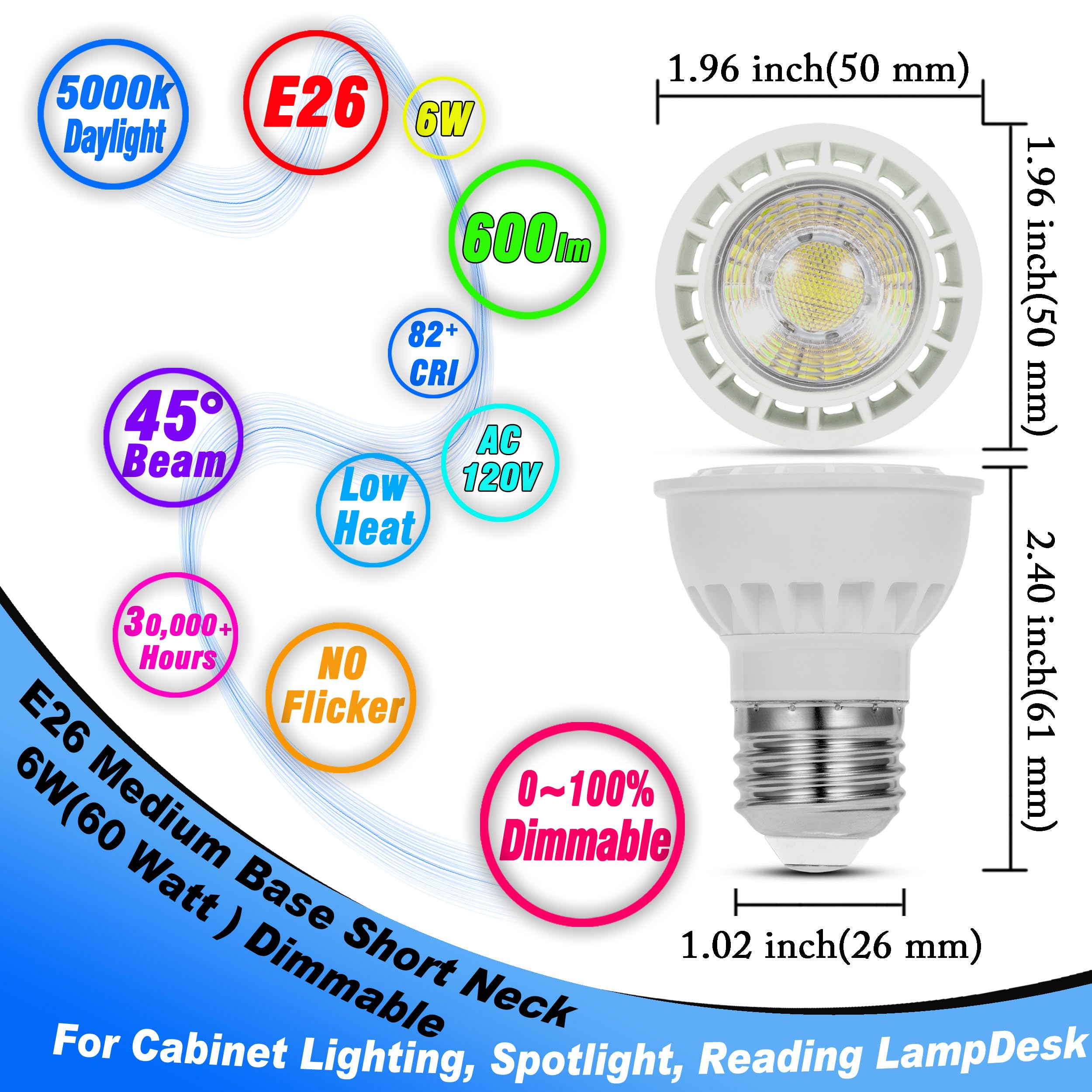 Heifymi Dimmable Par16 Led Short Neck Recessed Spotlight Bulb, E26 Medium Base Curio Cabinet Light Bulbs, 6W(60 Watt Equivalent)