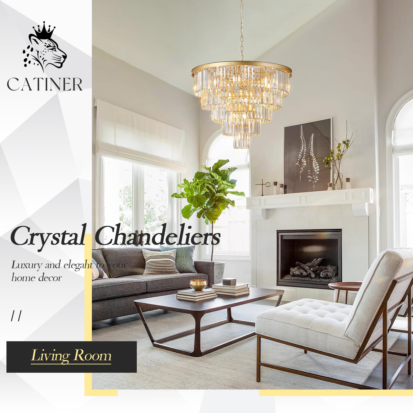 CATINER Large Crystal Chandelier - Modern 30” Gold Fixture, 5 Tiers, 16 Lights for Dining Room & Foyer, Model P91-750G1