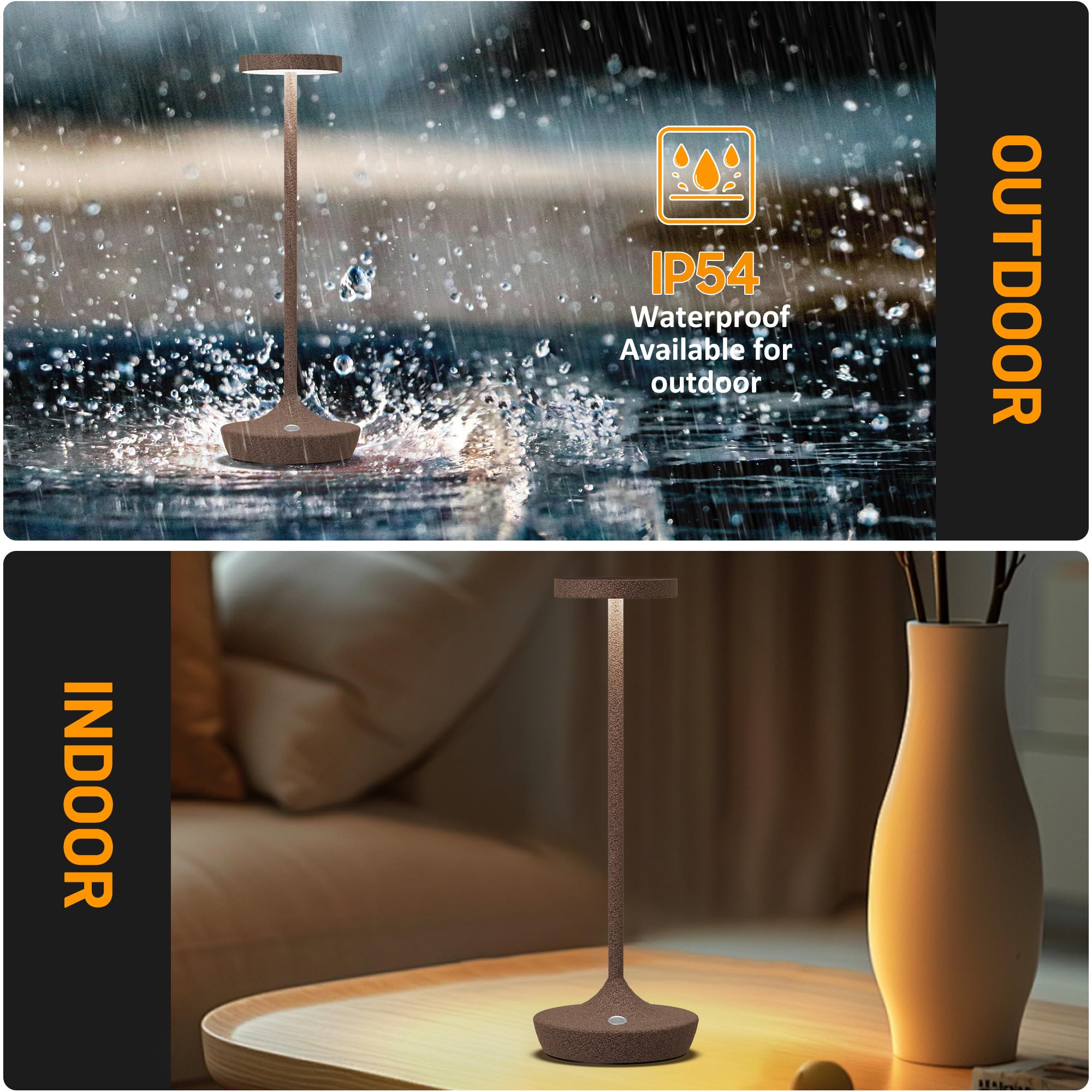 YHT Cordless LED Desk Lamp, 6000mAh Battery, Waterproof, 3-Color Touch, Portable, Rust 2P, Model X86
