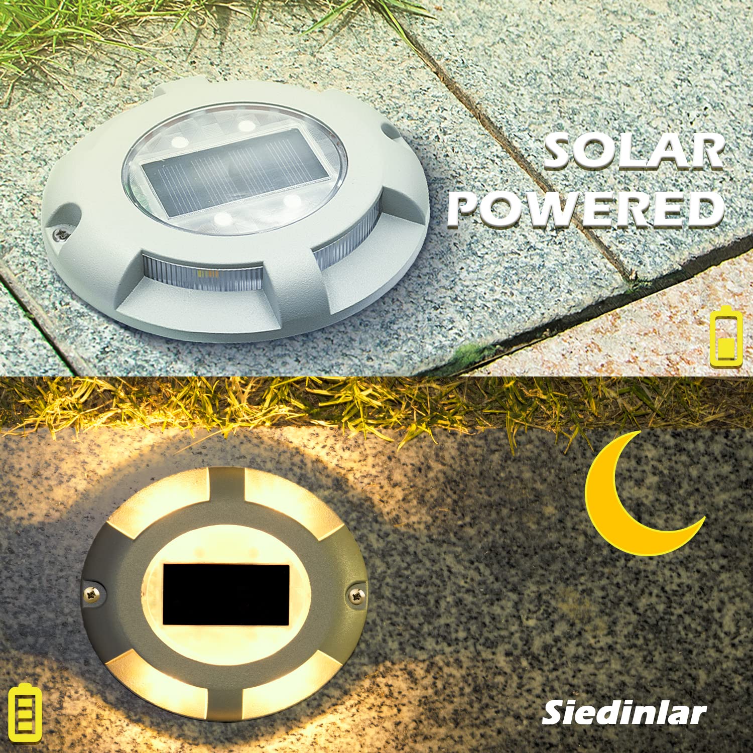 SIEDiNLAR Solar Deck Lights - LED Waterproof Road Markers for Pathway, 4 Pack, Warm White, Model SD0115Y-4PK, Aluminum