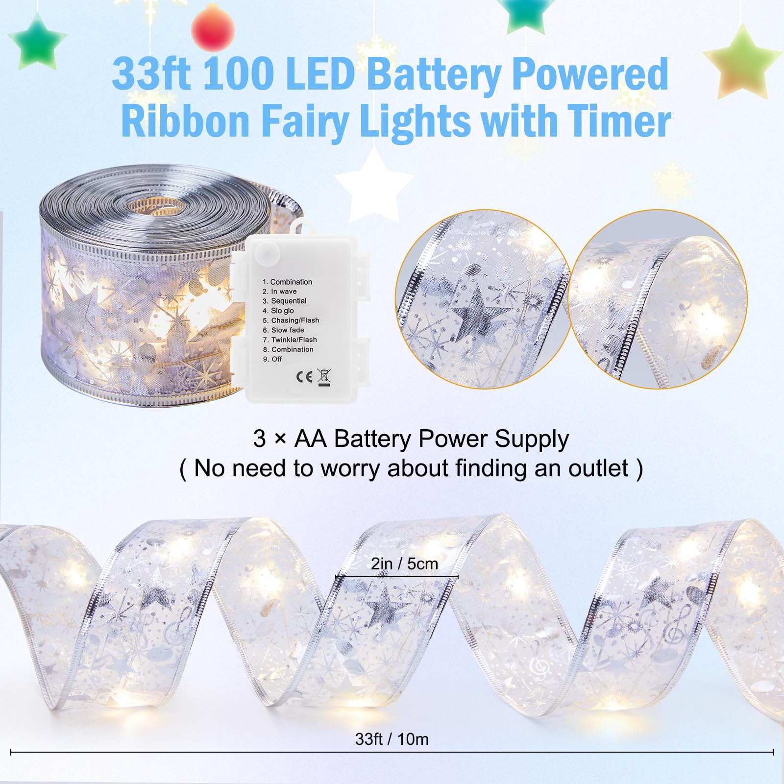 Minetom Christmas Tree Ribbon Lights - 33ft 100 LED Battery Powered, Copper, Silver Ribbon + Warm White LED