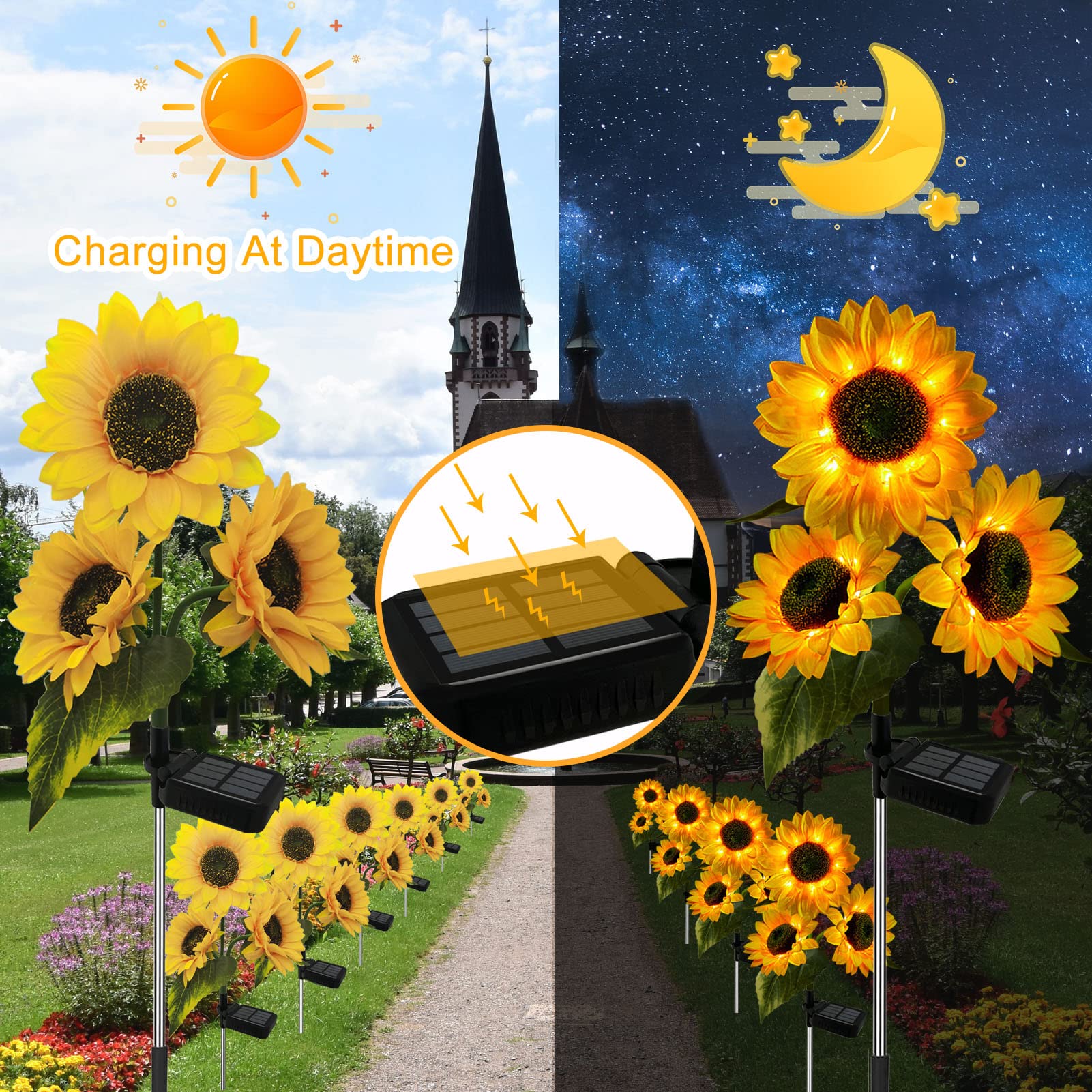 Nooneast 3 Pack Solar Sunflower Lights - Yellow Led Waterproof Garden Decor For Patio & Yard