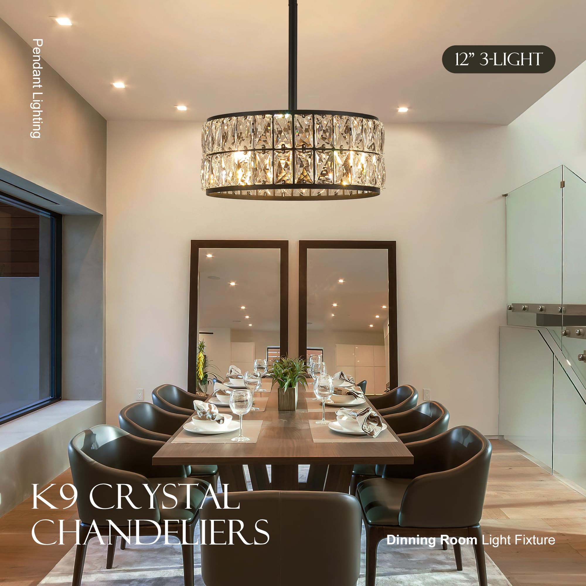 Salaiwei 12    3-Light Modern Crystal Chandeliers Black Dinning Room Light Fixture With Two Poles, Round Pendant Light Kitchen I