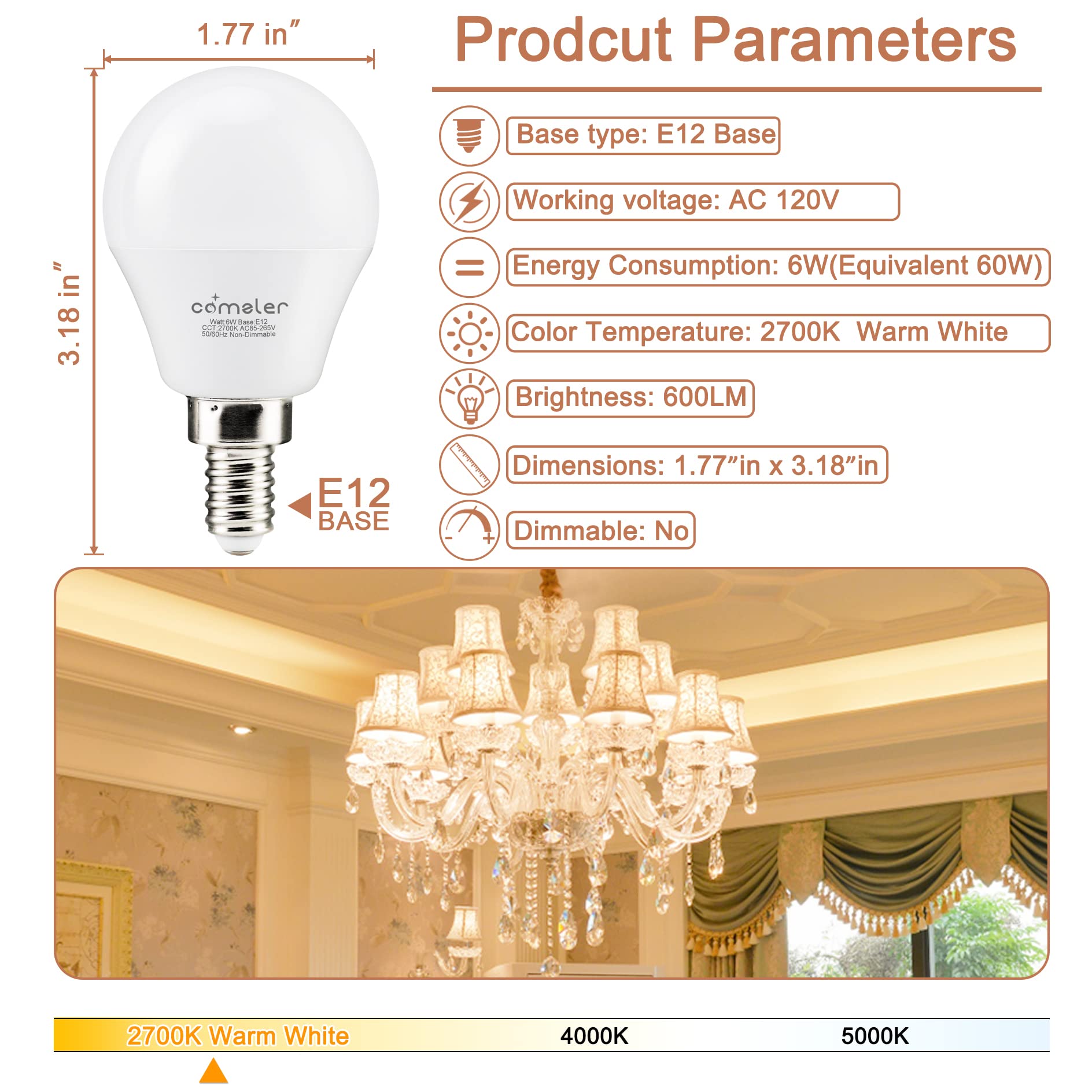 Comzler A15 Led Bulbs 60W Equivalent, Warm White 2700K,E12 Small Base Led Round Light Bulb For Ceiling Fan, No Dimmable,6 Pack