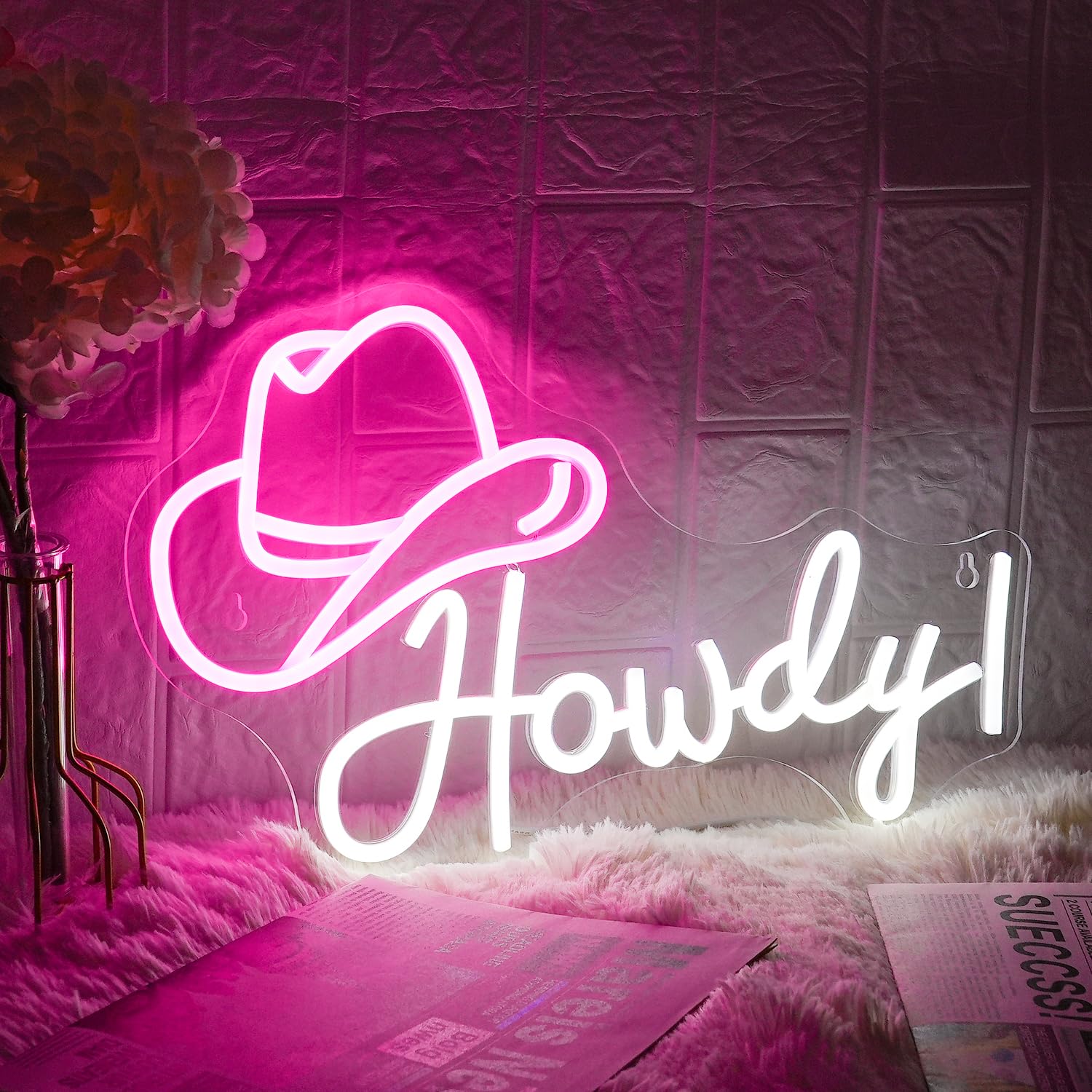 LMSIGNLY LED Neon Sign, Howdy Cowboy Design, Dimmable, USB Powered, Pink White Color, Acrylic Material
