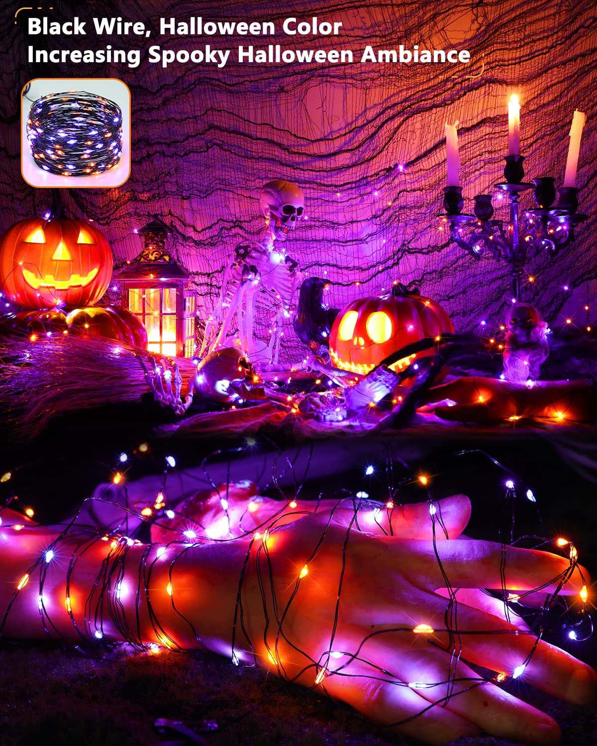 Brizled Halloween String Lights, 240 LED, 78ft, 2 Pack, Orange & Purple, Solar, 8 Modes, Outdoor Twinkle, Black Wire