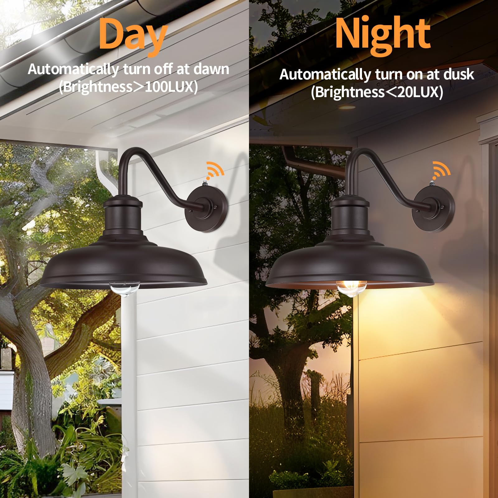 MYHXQ Gooseneck Barn Light 2-Pack, 13.8'' Brown Metal Outdoor Sconce with Sensor, Industrial Fixture for Porch, Entryway, Garage