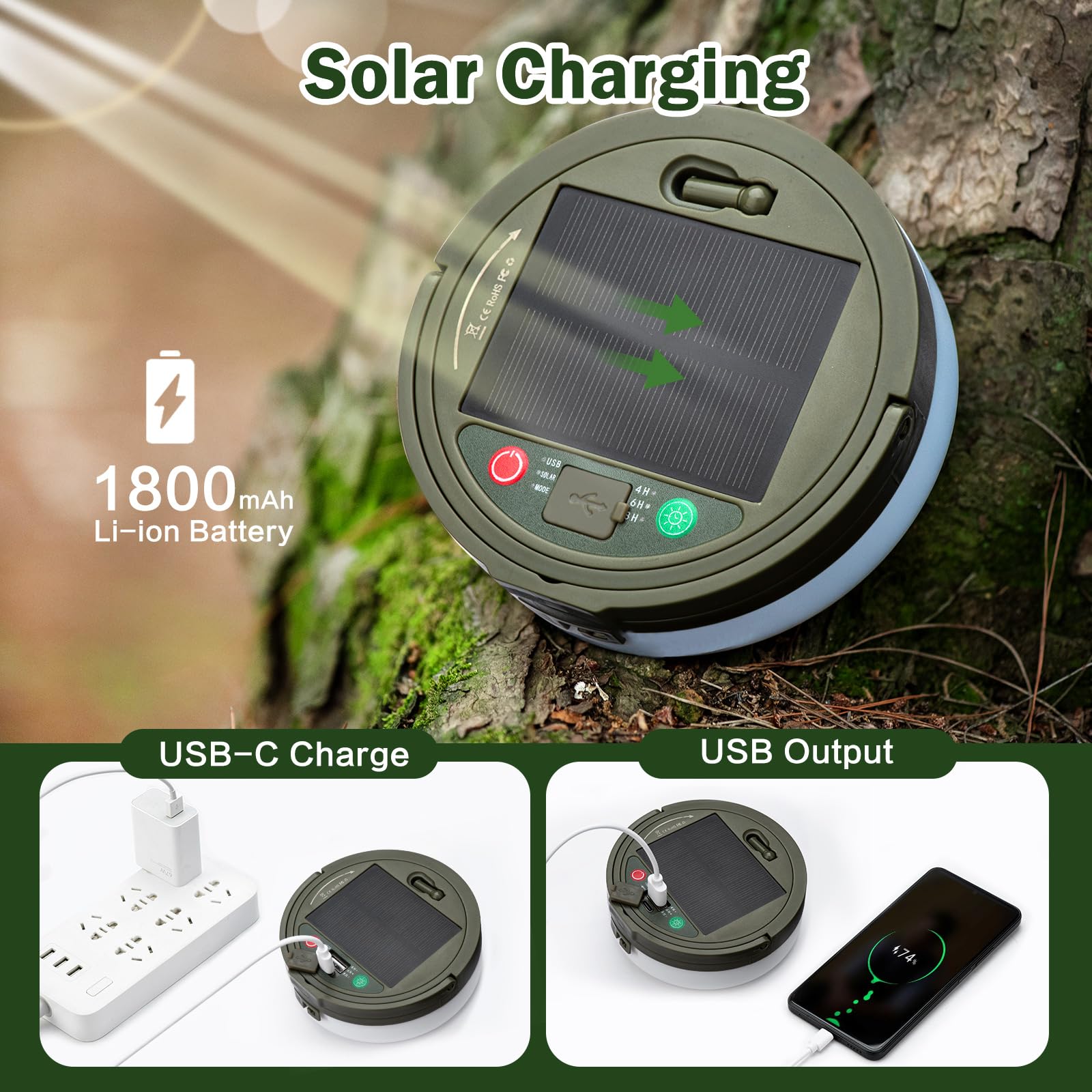 Sutaig Solar Camping String Lights - 4 in 1 Lantern, 8 Modes, 32.8Ft, Waterproof, Type-C Fast Charging, Portable for Outdoor Use