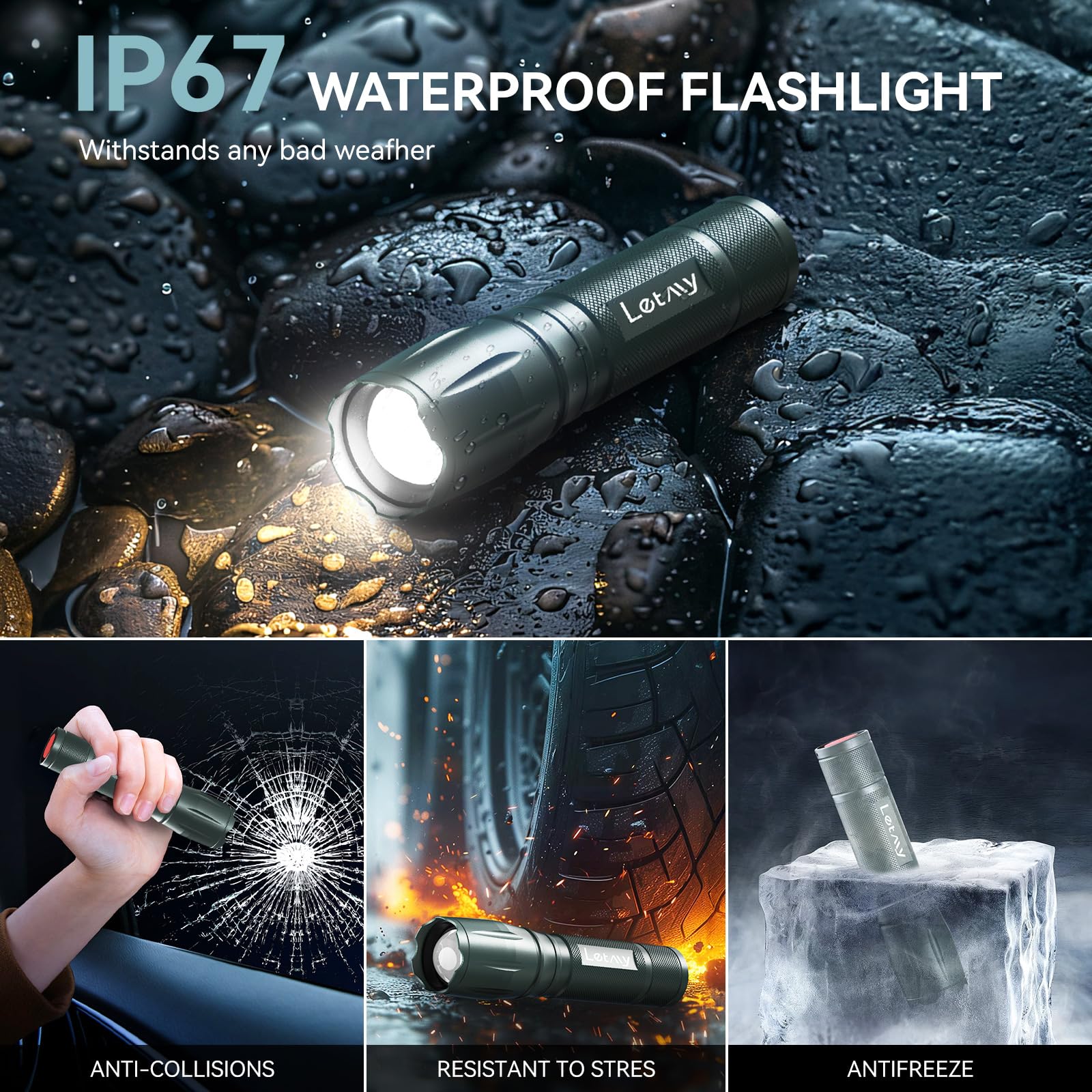 LETMY Tactical Flashlight 2 Pack - Bright LED, 5 Modes, Zoomable, Waterproof, Aluminum, Gray