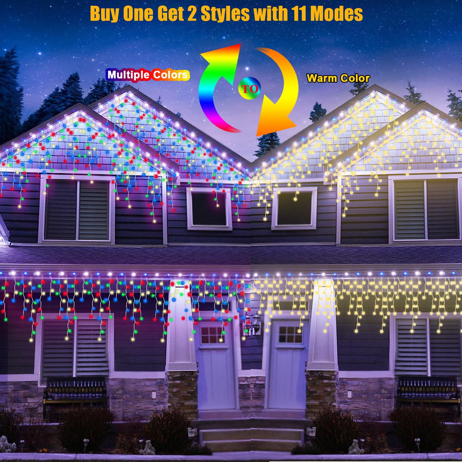 Wafloter 480 LED Color Changing Icicle Christmas Lights, 39.3ft Waterproof String Lights for Outdoor Eaves, Multi-color to Warm Color