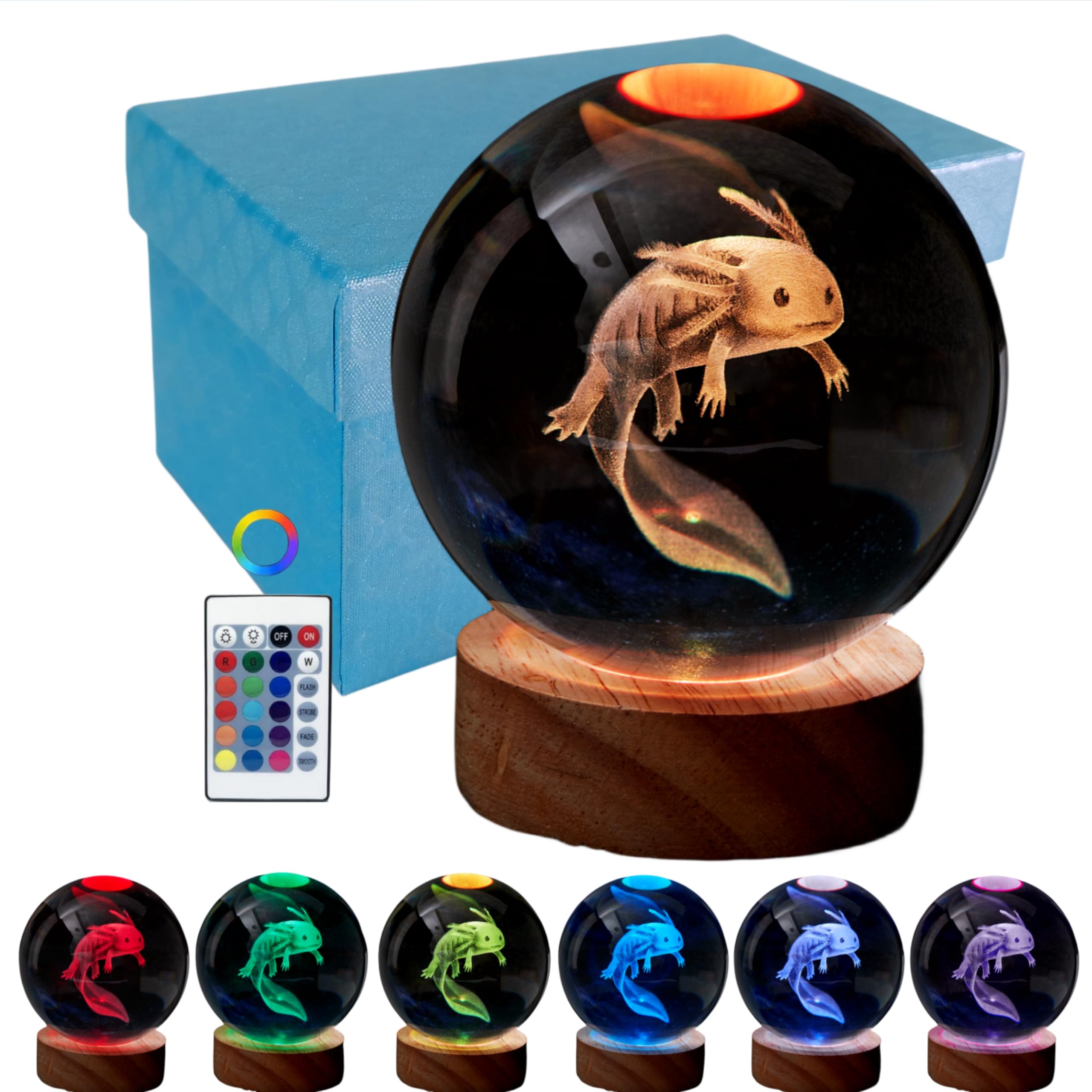 DIGFPWT Axolotl Crystal Ball Night Light, 3.15 Inch, LED Wooden Base, 16 Colors, Gift Box Packing, Color: Axolotl D