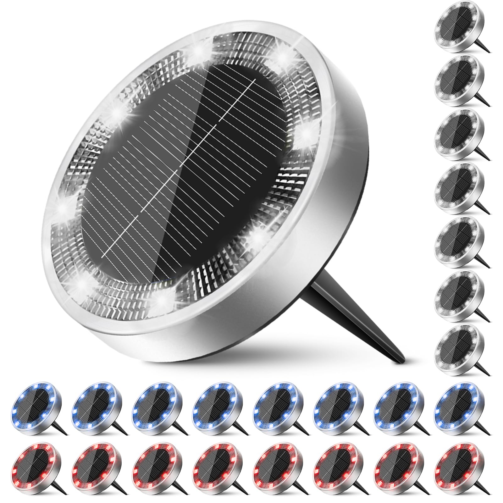 Peasur Solar Ground Lights Outdoor  24 Pack Flat Solar Powered Disc Lights  Ip68 Waterproof  Anti-Rust  Landscape Lighting For Pathway Garden Yard Lawn Walkway Landscape Driveway  Red+Blue+Cool White
