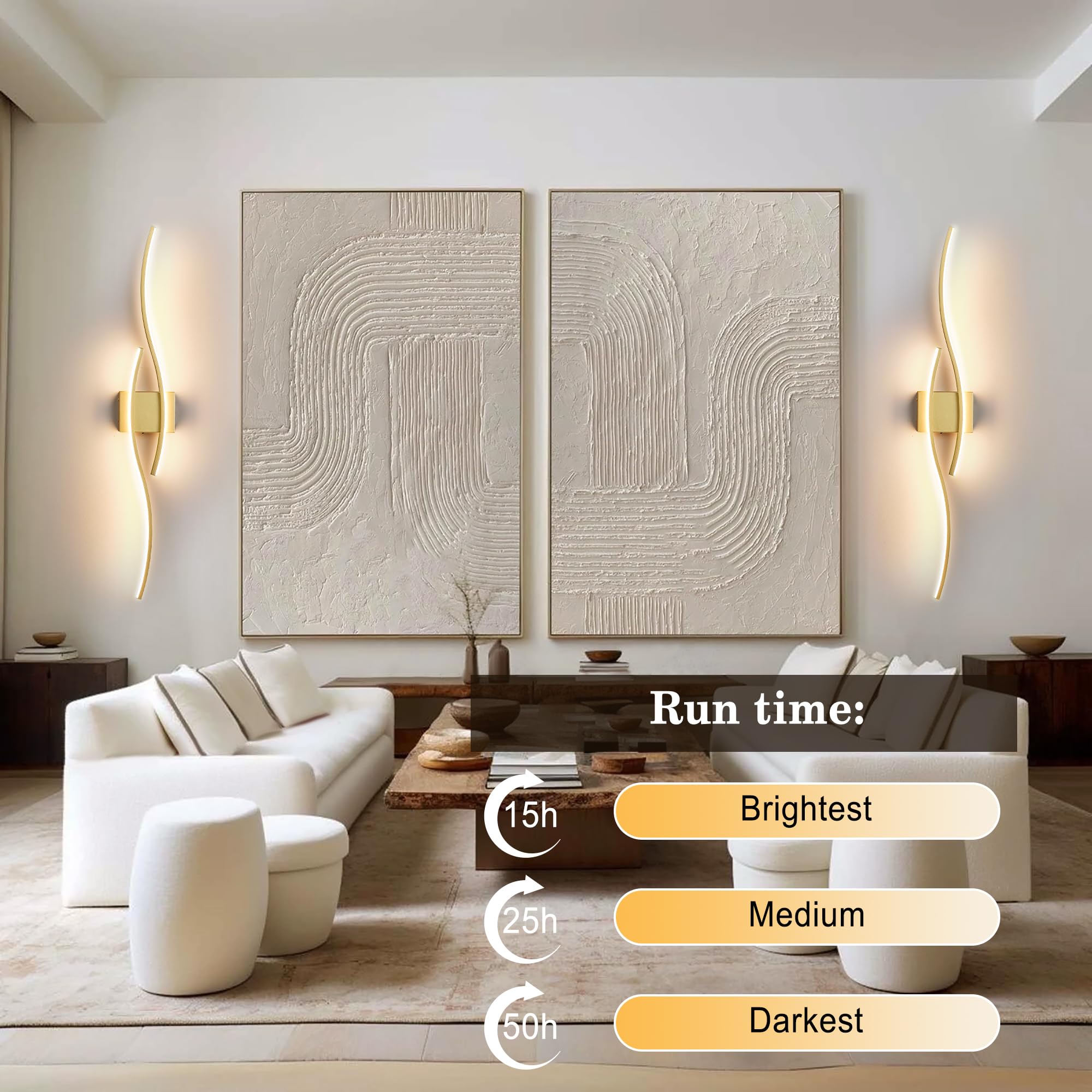 KARTOOSH Battery Operated Wall Sconces, Dimmable LED, 39.3" Gold, Remote Control, 2 Pack