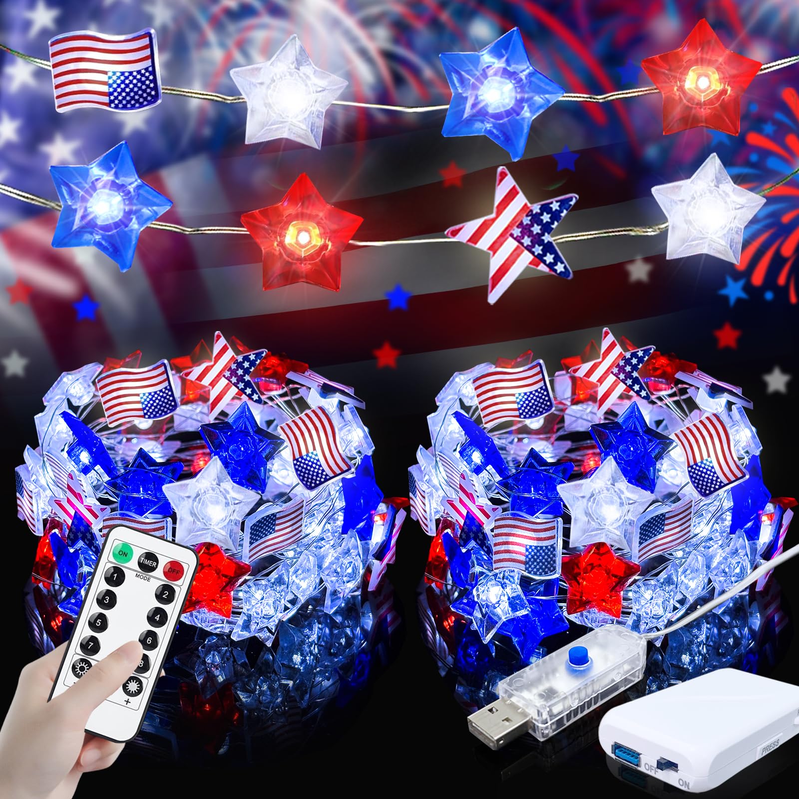 4th of July Decorations String Lights with Remote 2Pack, 16FT Red White Blue Patriotic Lights with 50LED Flag Stars, USB & Batte
