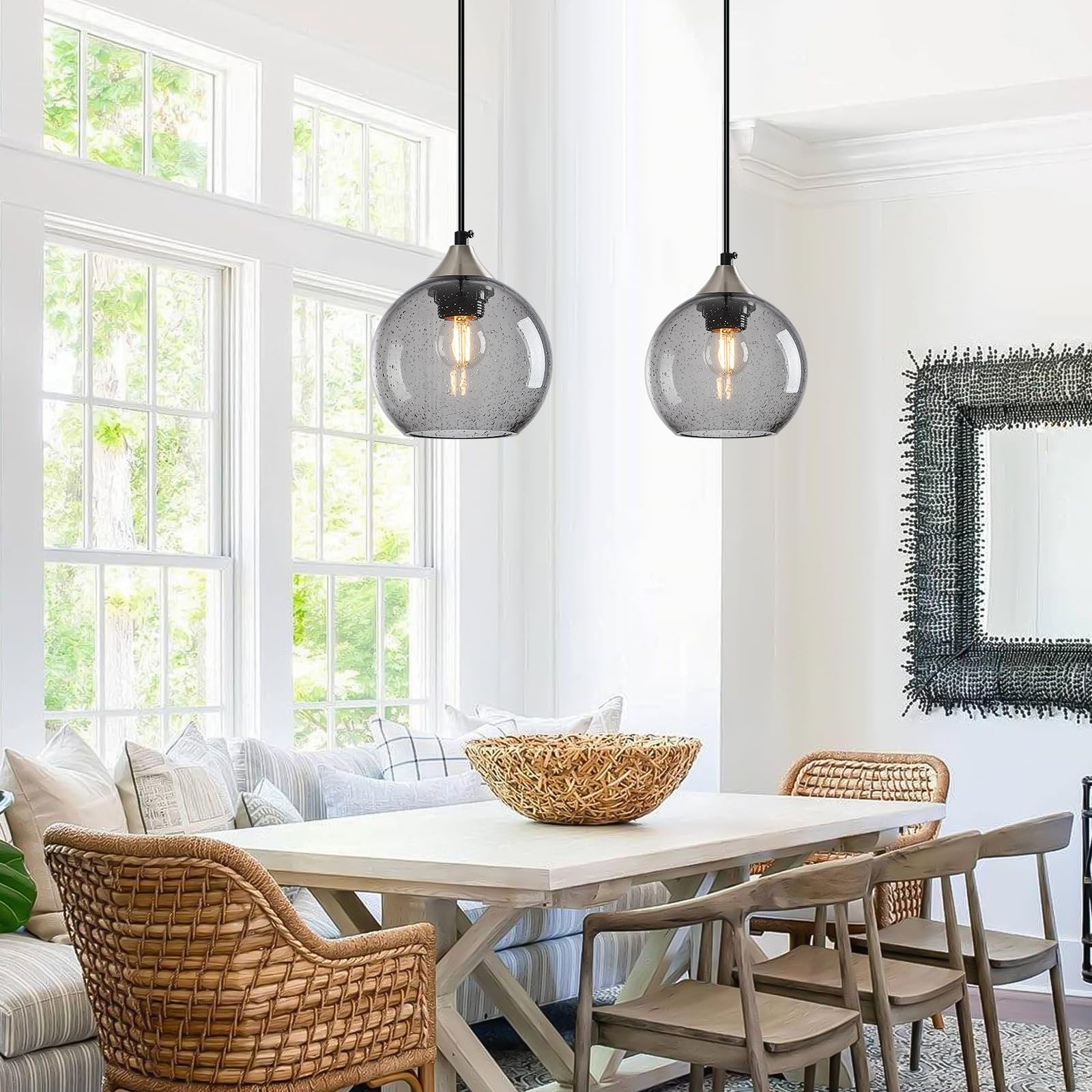 Lbsqj Light Grey Glass Pendant Lights Kitchen Island Globe Pendant Light Fixtures Modern Pendant Lighting For Bedroom Living Dining Room Light Fixture (5.9 In  2 Pack)