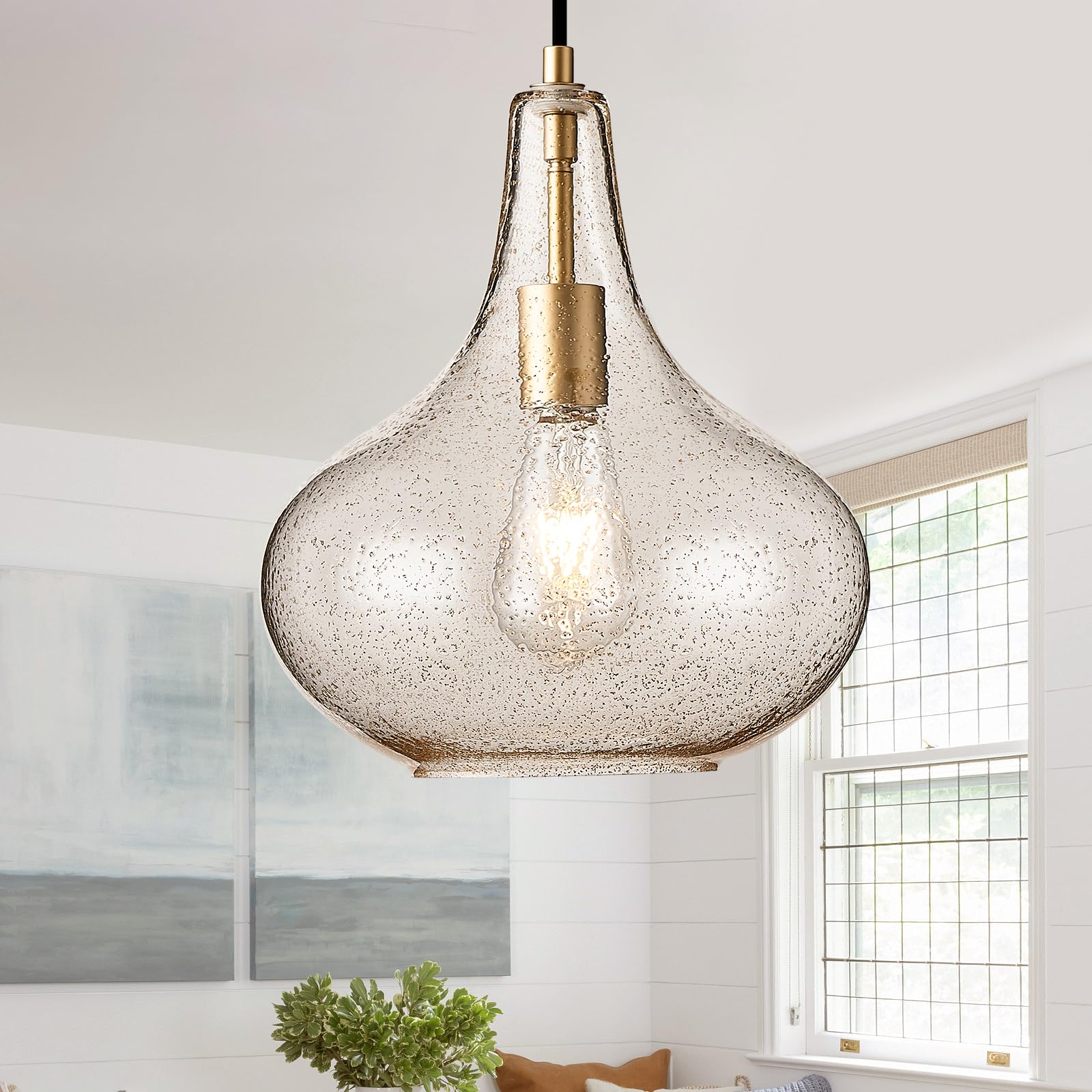 CATINER Handcrafted 11-Inch Mid-Century Modern Brass Gold Pendant Light with Seeded Glass Shade - Elegant Dining Room Pendant Li