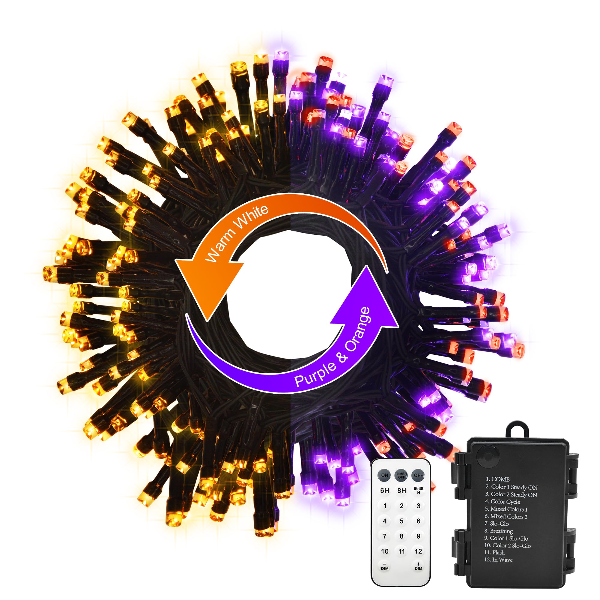 Orange Purple Halloween 33ft 100 LED String Lights Battery Operated, Dual Color Changing Fairy Lights Black Wire with Remote Timer Outdoor Indoor Twinkle Lights for Xmas Halloween Tree Party Decor