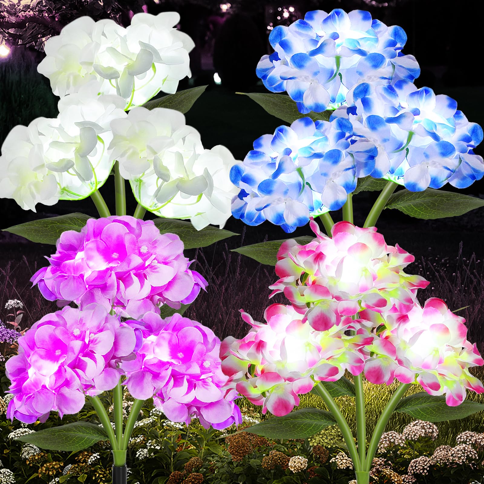 Lewondr 4 Pack Solar Garden Lights, Solar Flowers Lights with 4 Blooming Hydrangea Flowers, Waterproof Solar Lights Outdoor for 