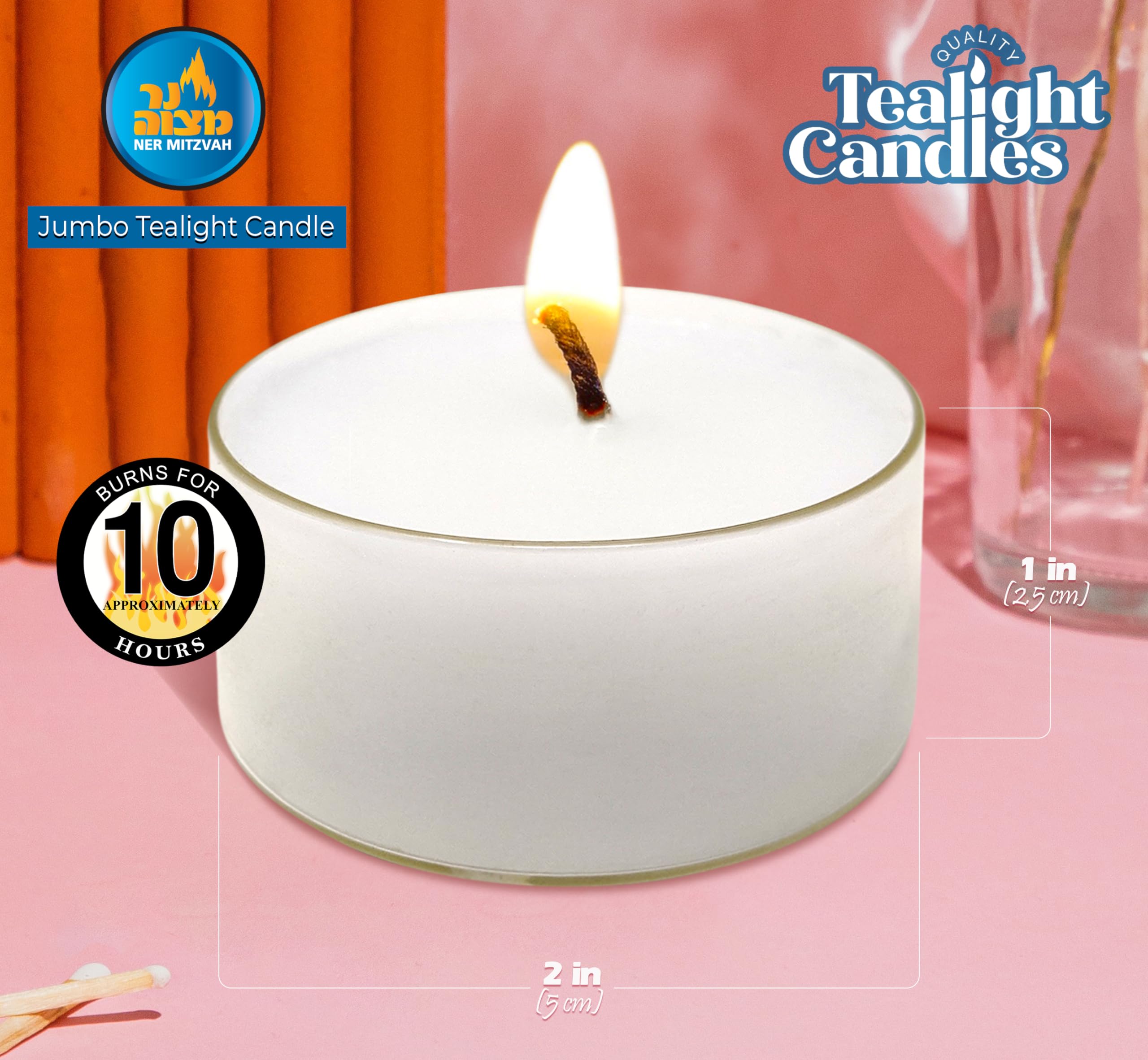 Ner Mitzvah Tea Light Candles - 16 Pack - White Unscented Tealight Candles - Long Burning - 10 Hours